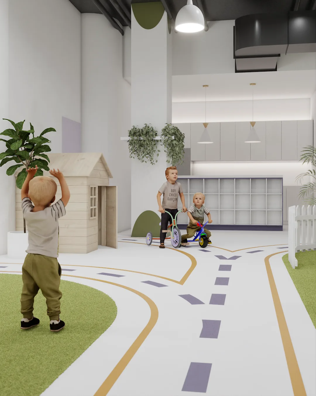 White cubby storage wall with books and toys, green turf foreground, pendant lights above