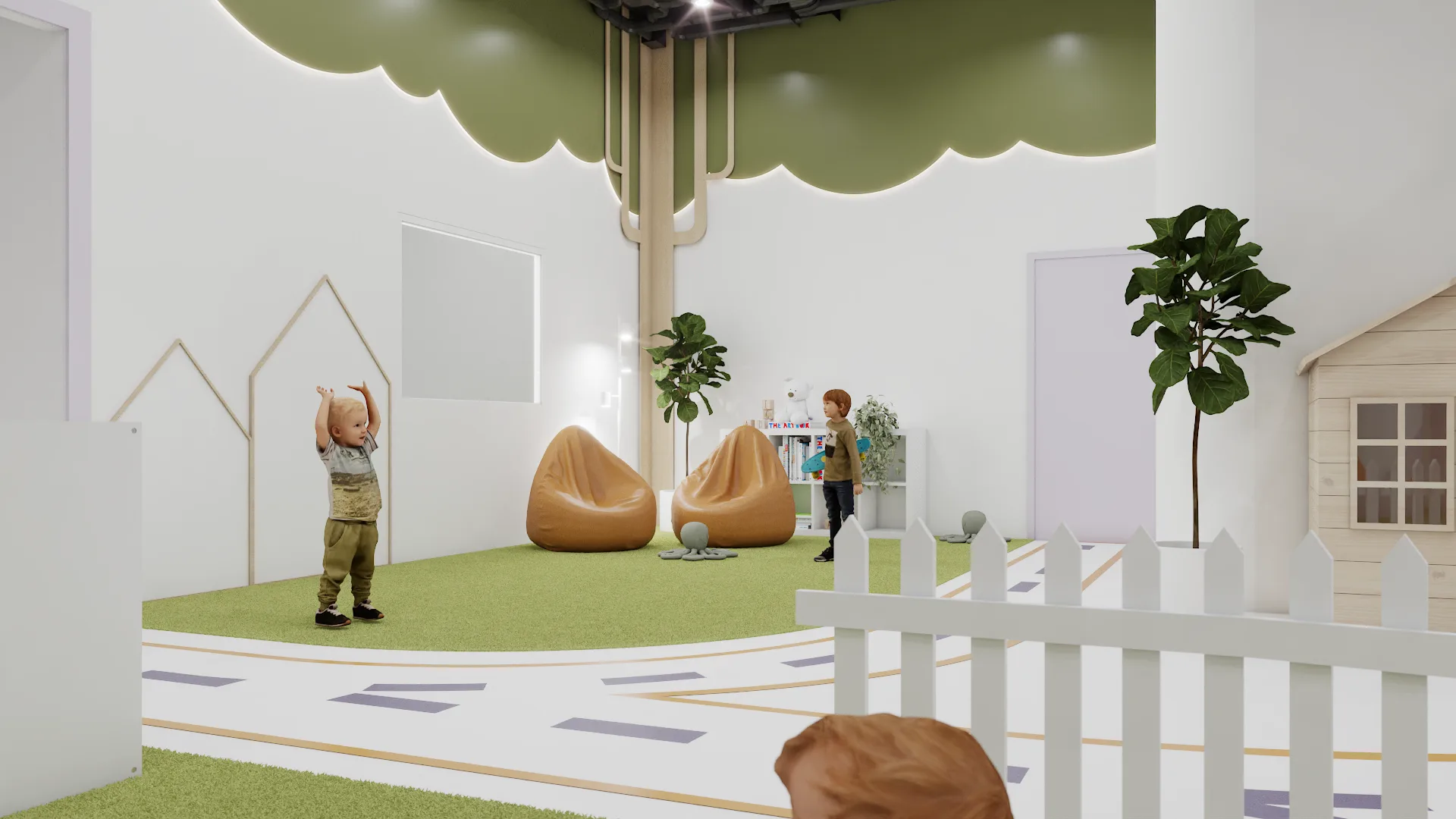 Tree canopy and bean bag nook with road track markings, picket fence, and playhouse visible