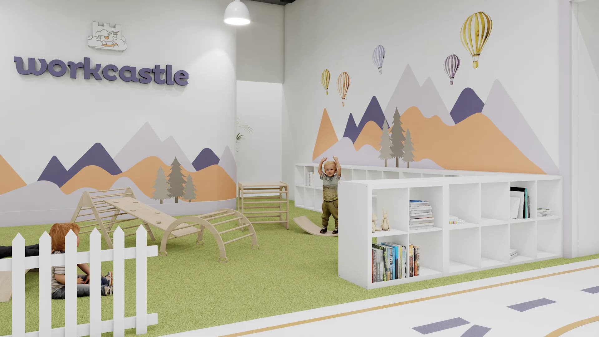 White picket fence divider between climbing zone and reading nook, hanging greenery above