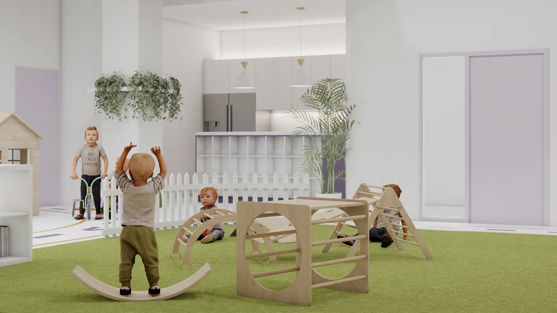 Safari playroom corner with turf, climbing structures, and picket fence from above angle