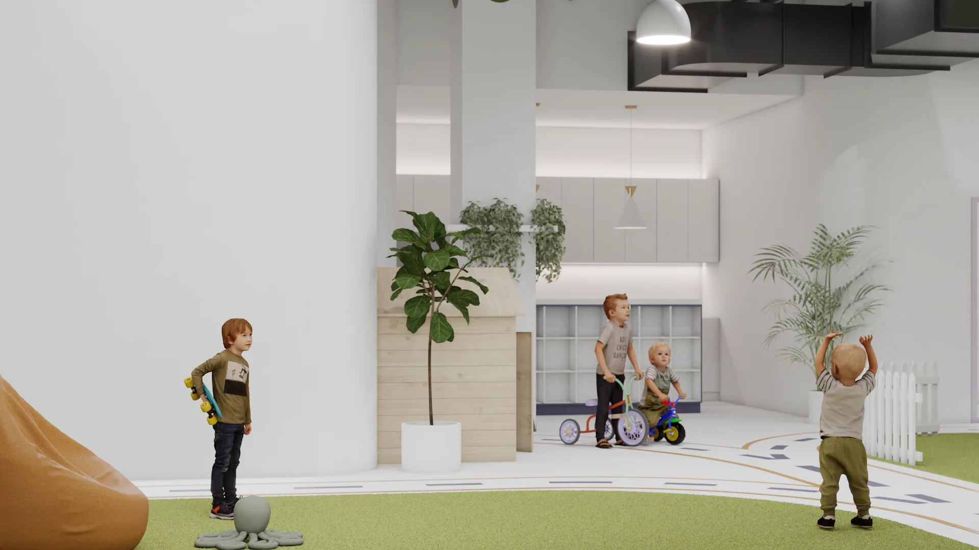 Green turf floor detail with road track markings, Pikler equipment, and white ceiling