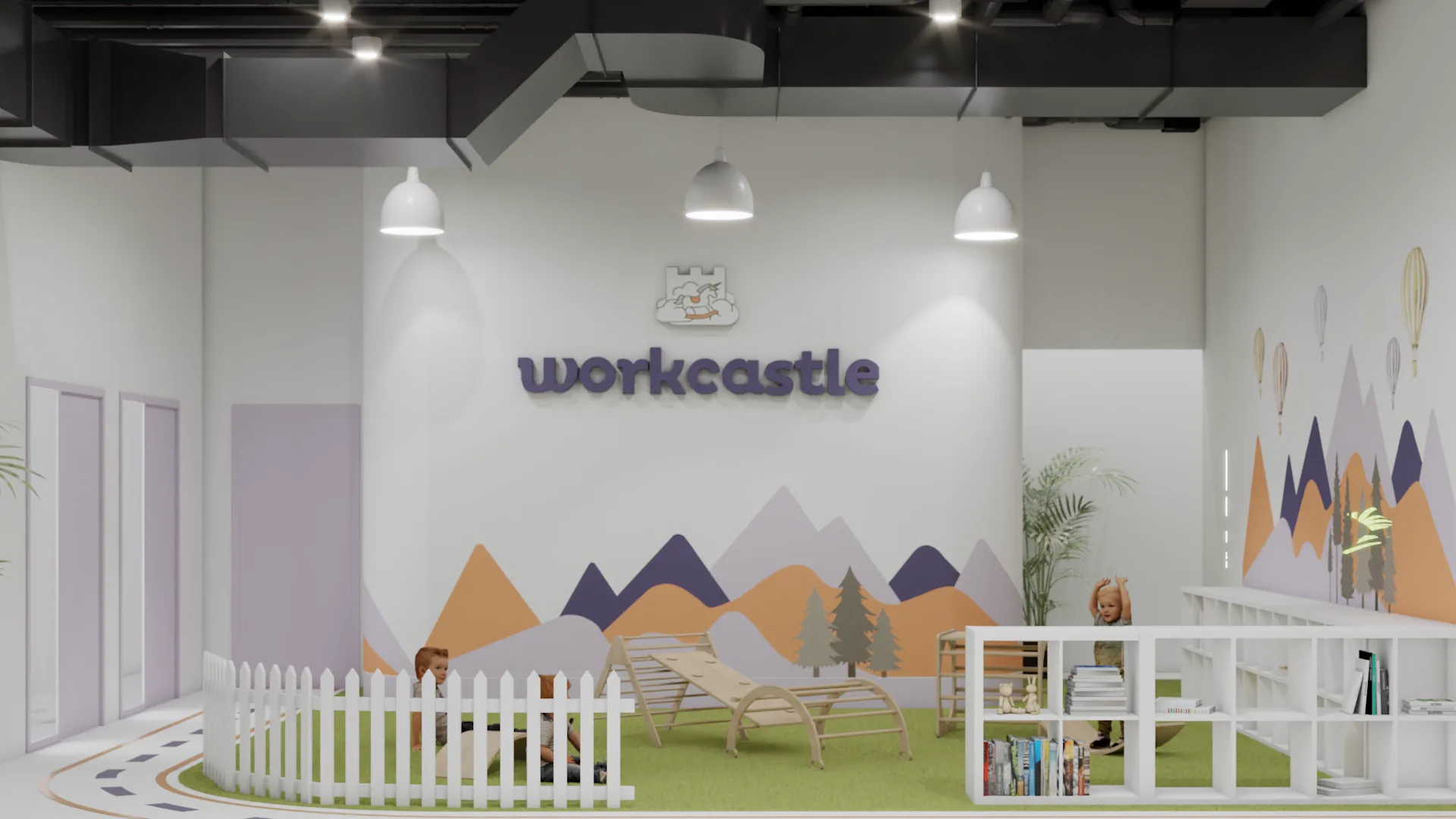 Full entrance overview with mountain mural, branded wall, climbing area, and cubby shelving