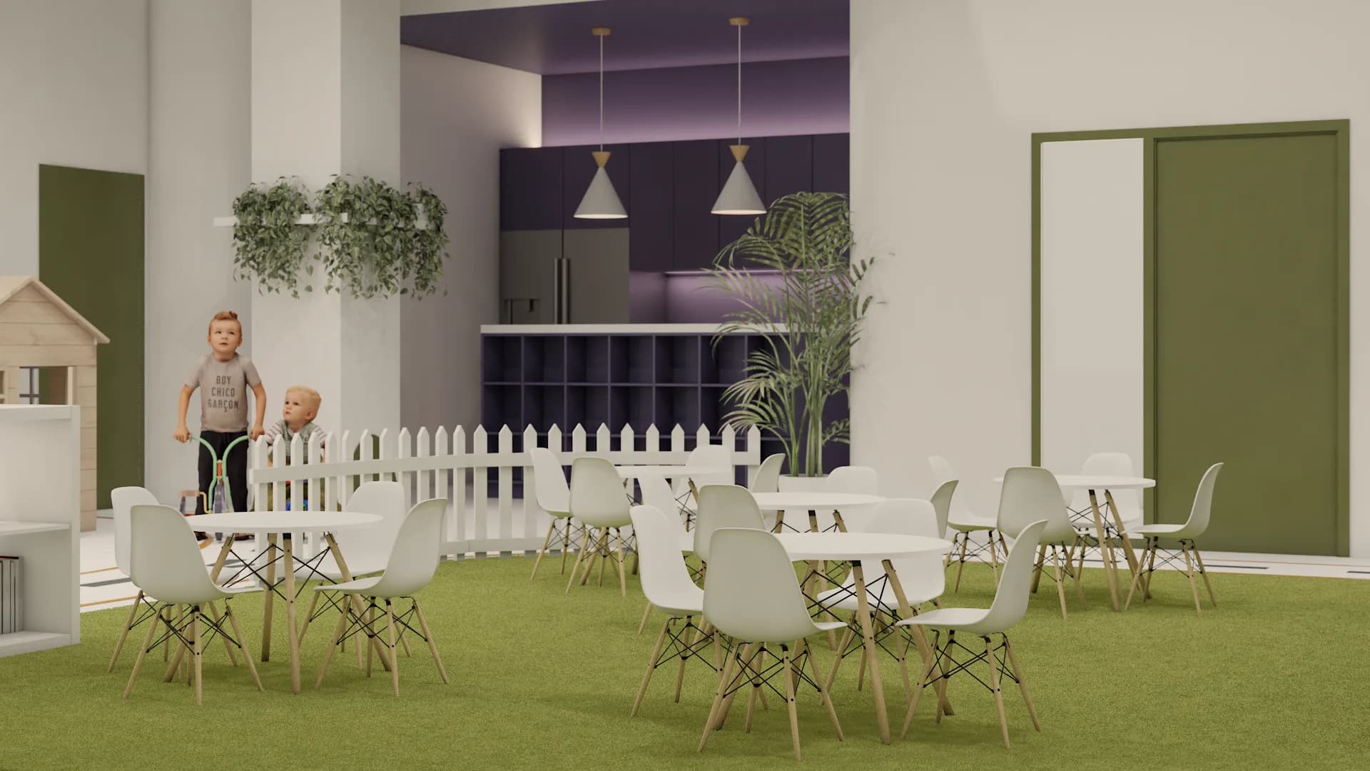 Dining tables zone with Eames chairs, kitchenette backdrop, hanging greenery, and picket fence