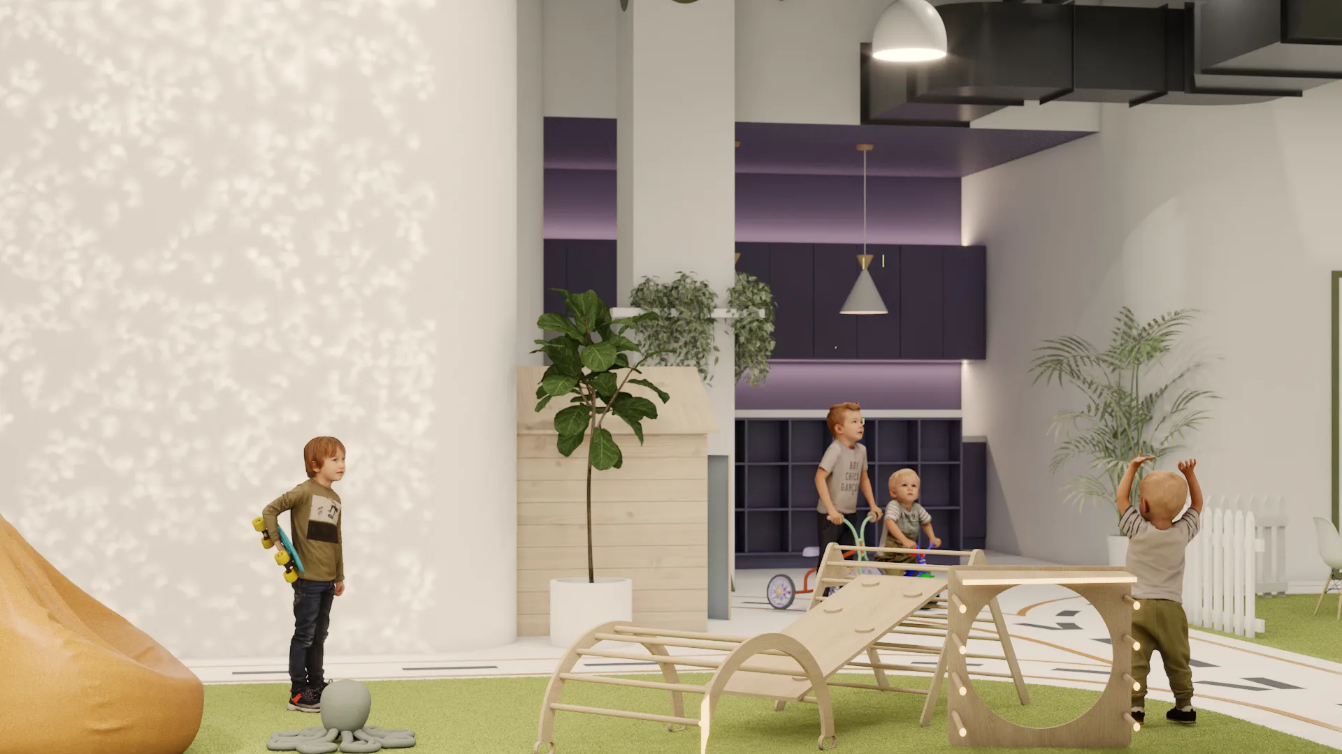 Playroom interior from table area looking toward climbing zone and safari mural wall