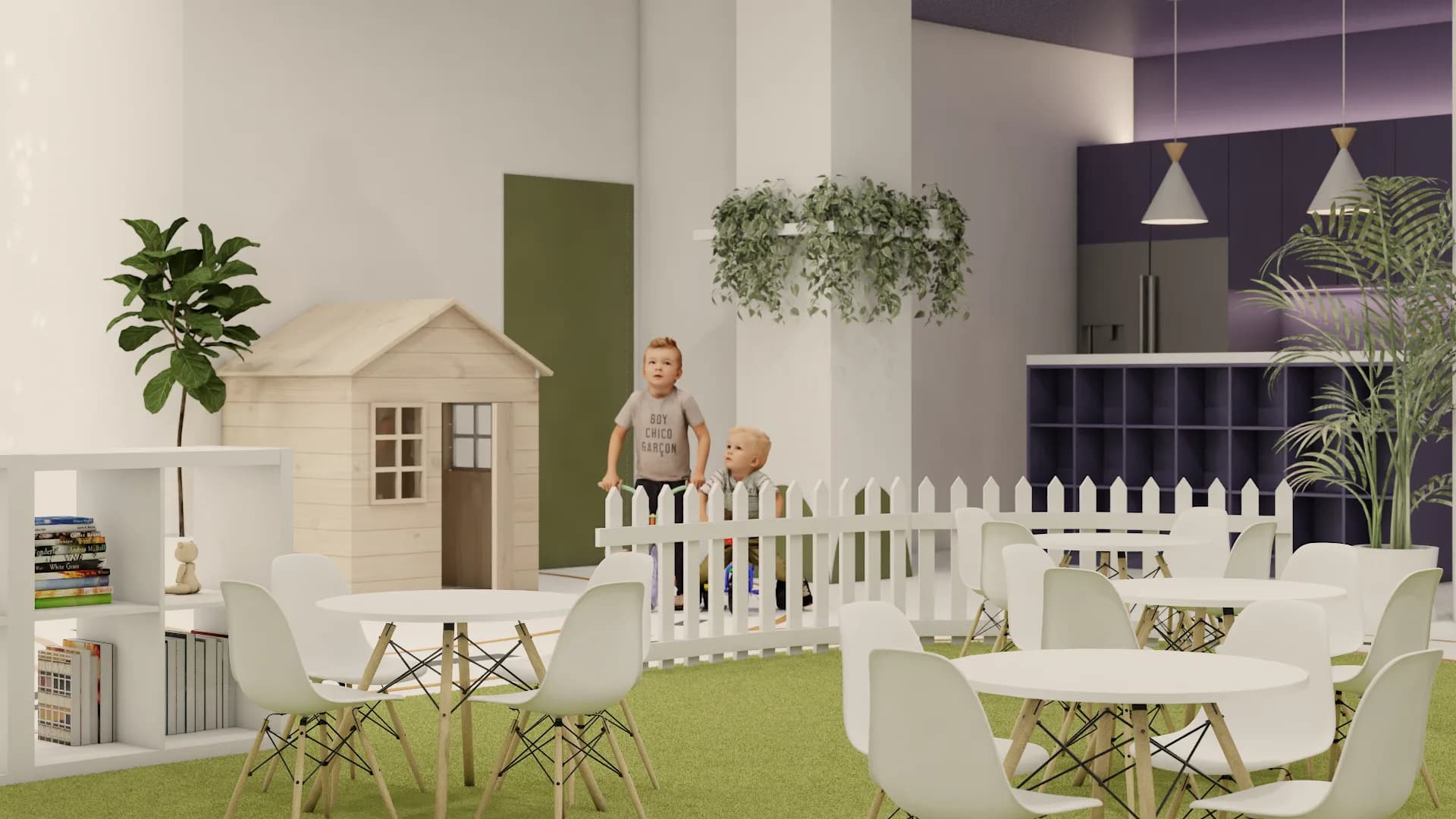 Open floor view with green turf, road markings, bean bags, and tree canopy in background