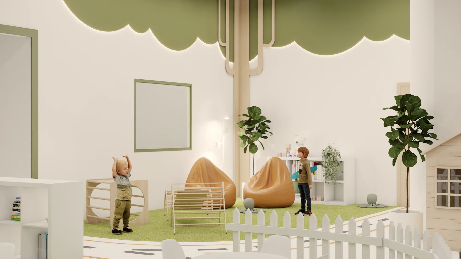 Tree canopy reading nook with caramel bean bags, scalloped green ceiling, and playhouse