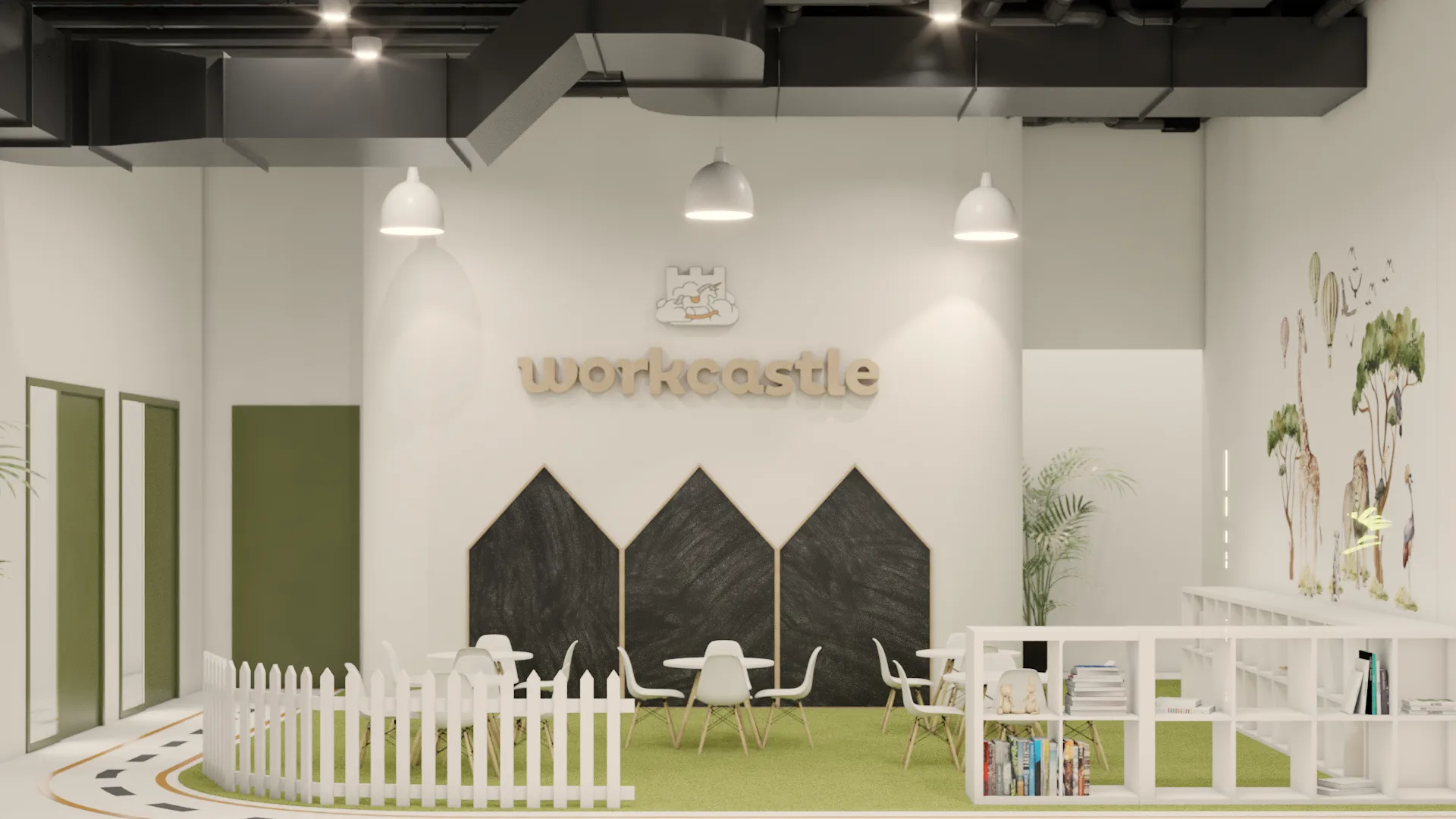 Safari mural side view with Pikler triangle, cubby shelving, and green turf flooring