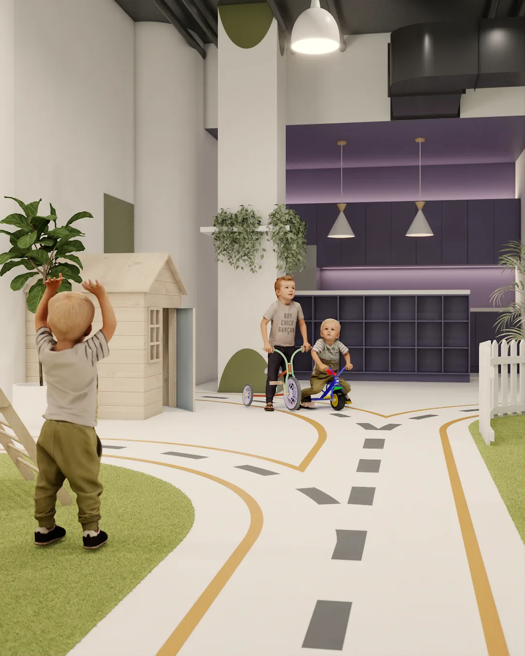 Climbing area from behind picket fence with mountain mural and storage wall backdrop