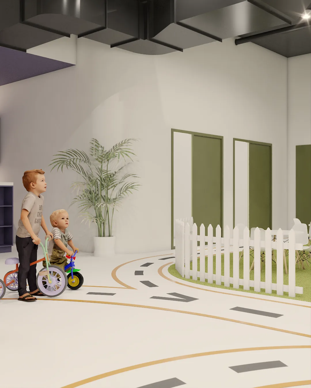 Road track zone with turf island, playhouse roof visible, and double-height ceiling above