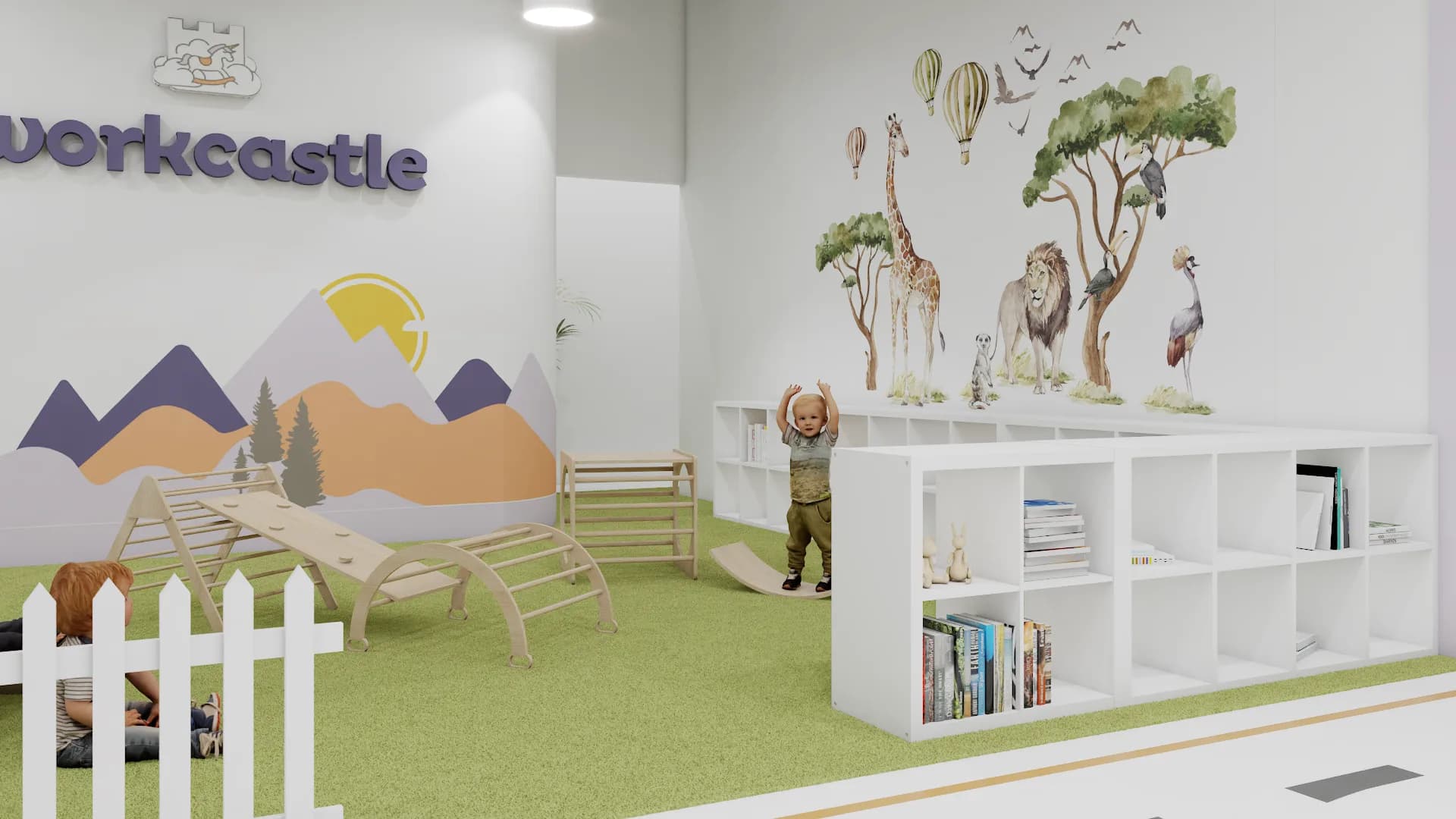 Wide view of entry wall with mountain mural, safari art, climbing zone, and cubby storage