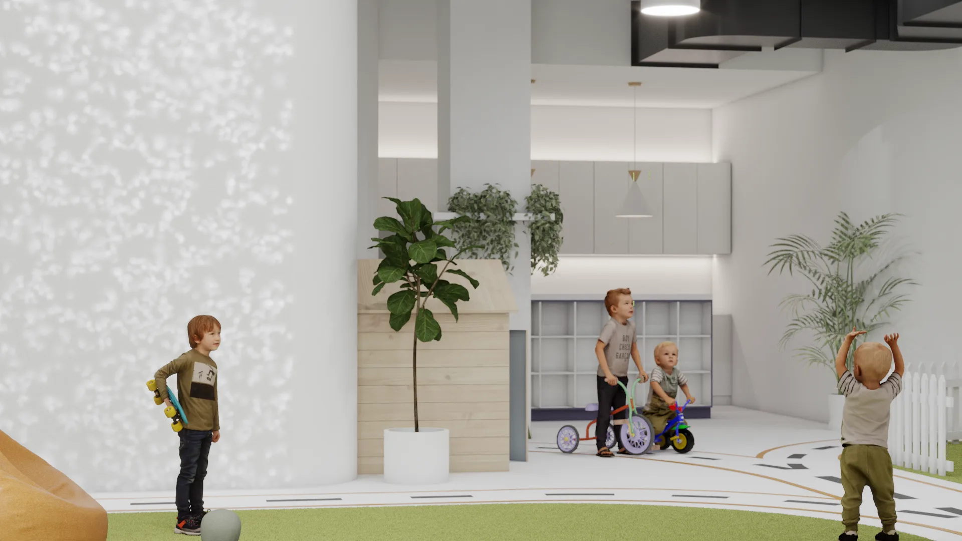 Double-height zone with mezzanine level, fiddle leaf fig tree, and kids on tricycles