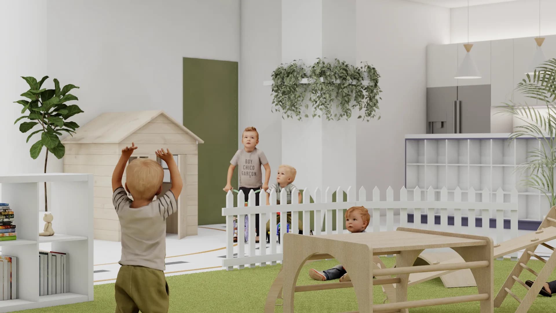 Wooden playhouse corner with white picket fence, hanging greenery, and ceiling planters