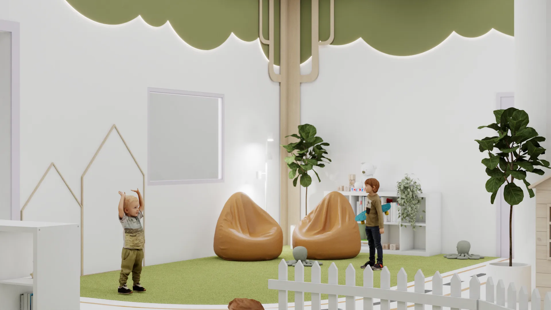 Scalloped green cloud ceiling canopy with tree trunk column and caramel bean bags