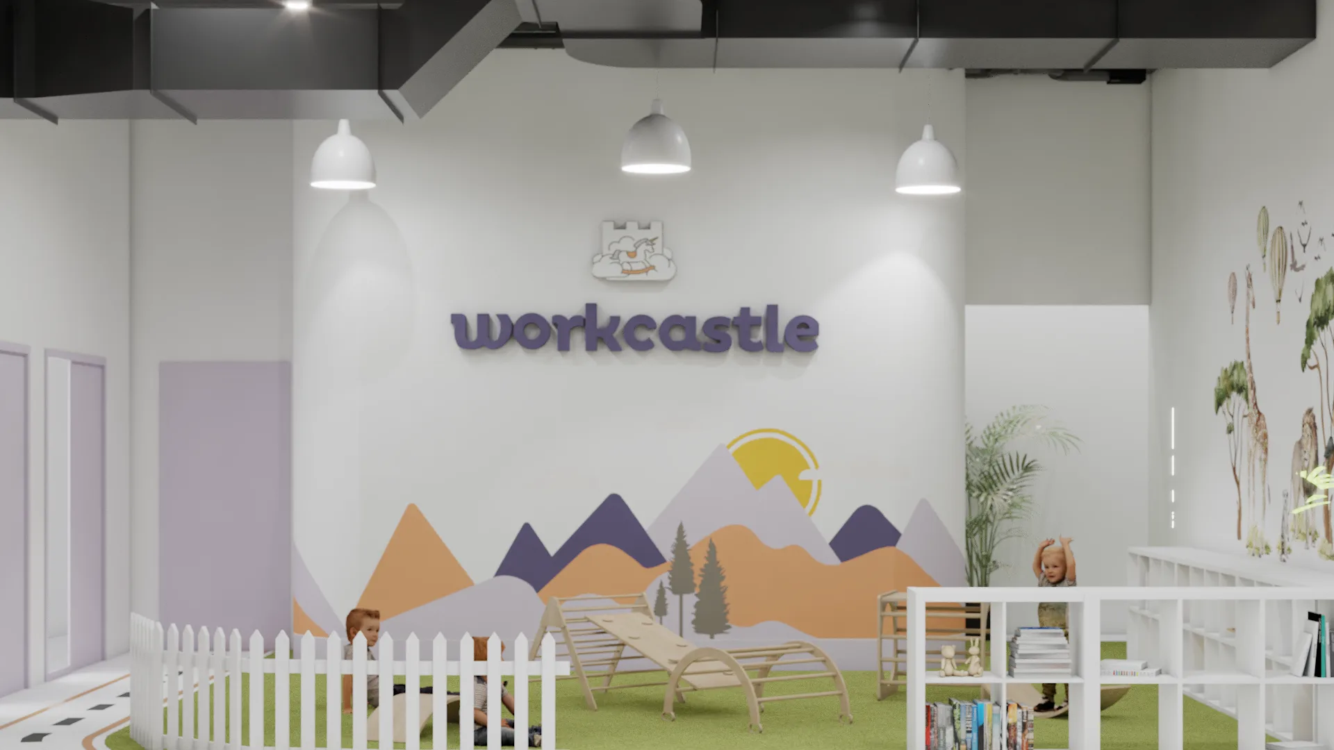 Branded entrance wall with mountain mural, pendant lights, and white picket fence in foreground