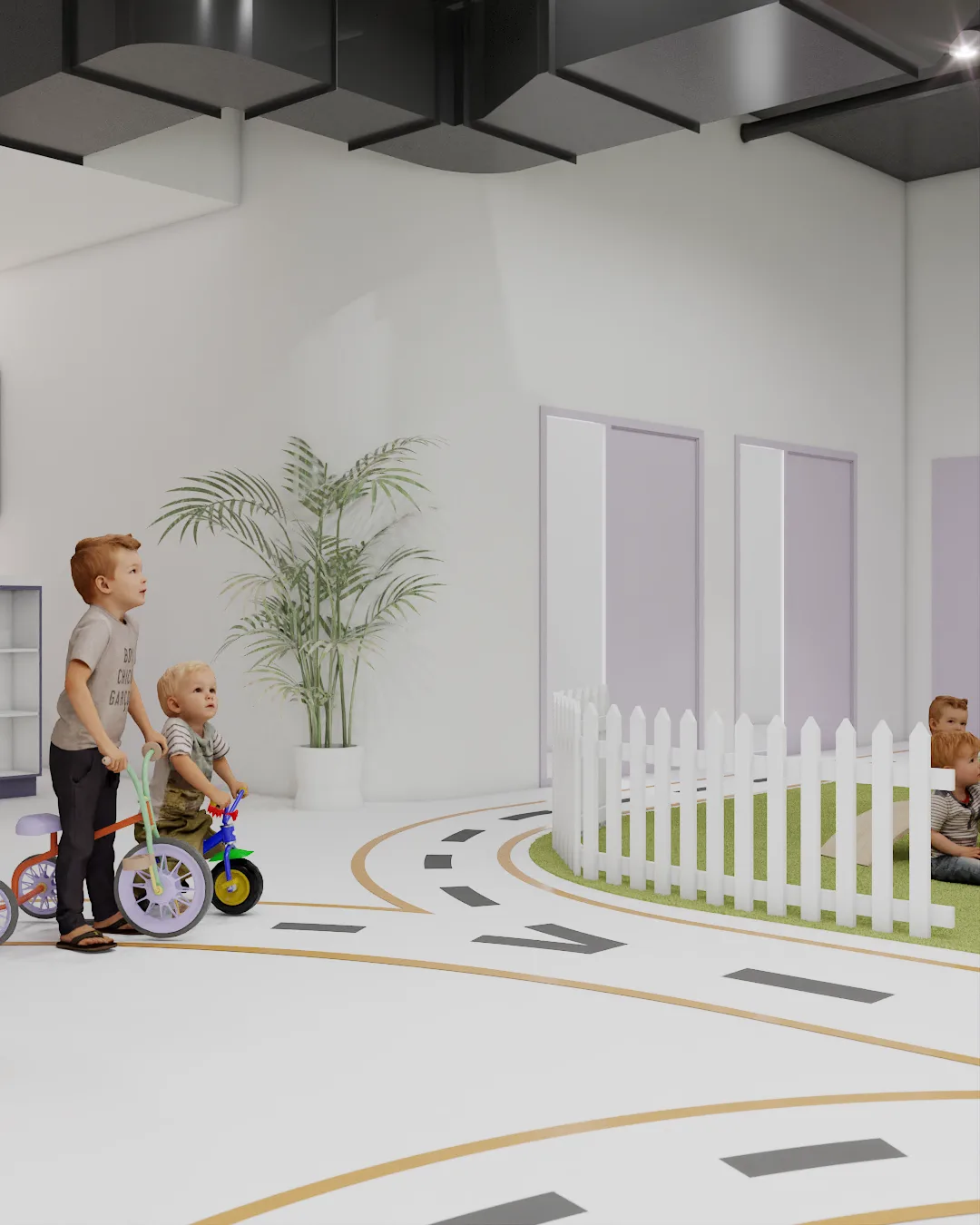 Climbing zone with Pikler arches on green turf, white storage cubbies along back wall