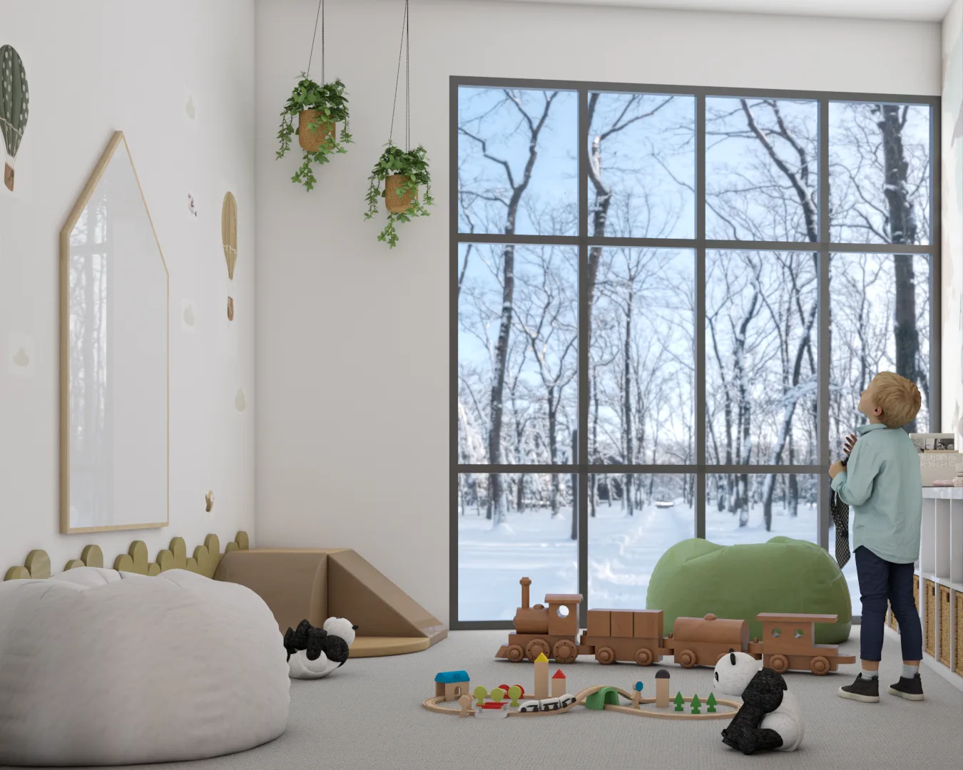Play corner with wooden train set, green beanbag, scalloped wainscoting, and snowy window
