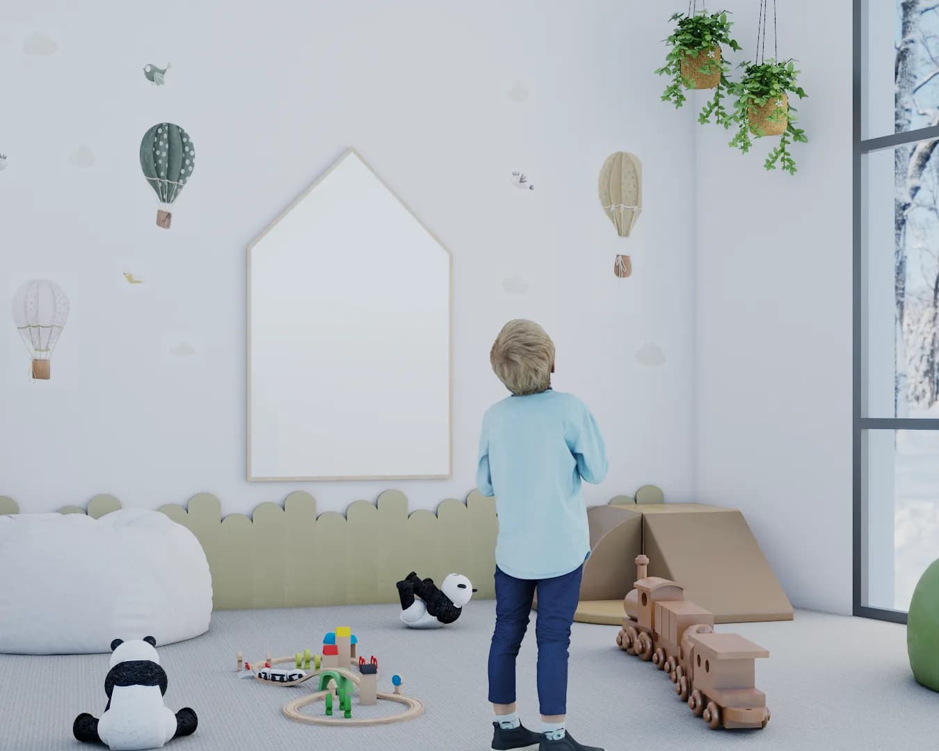 Hot air balloon decals, house-shaped whiteboard, and scalloped olive wainscoting detail