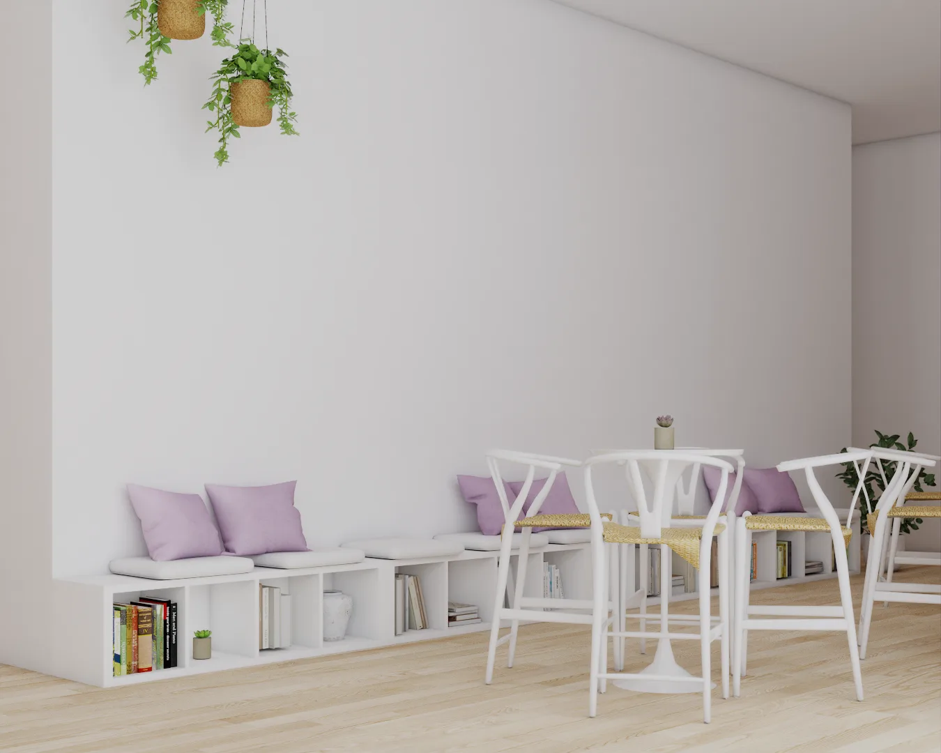 Built-in bench with lavender cushions, white storage cubbies, and wishbone bistro tables