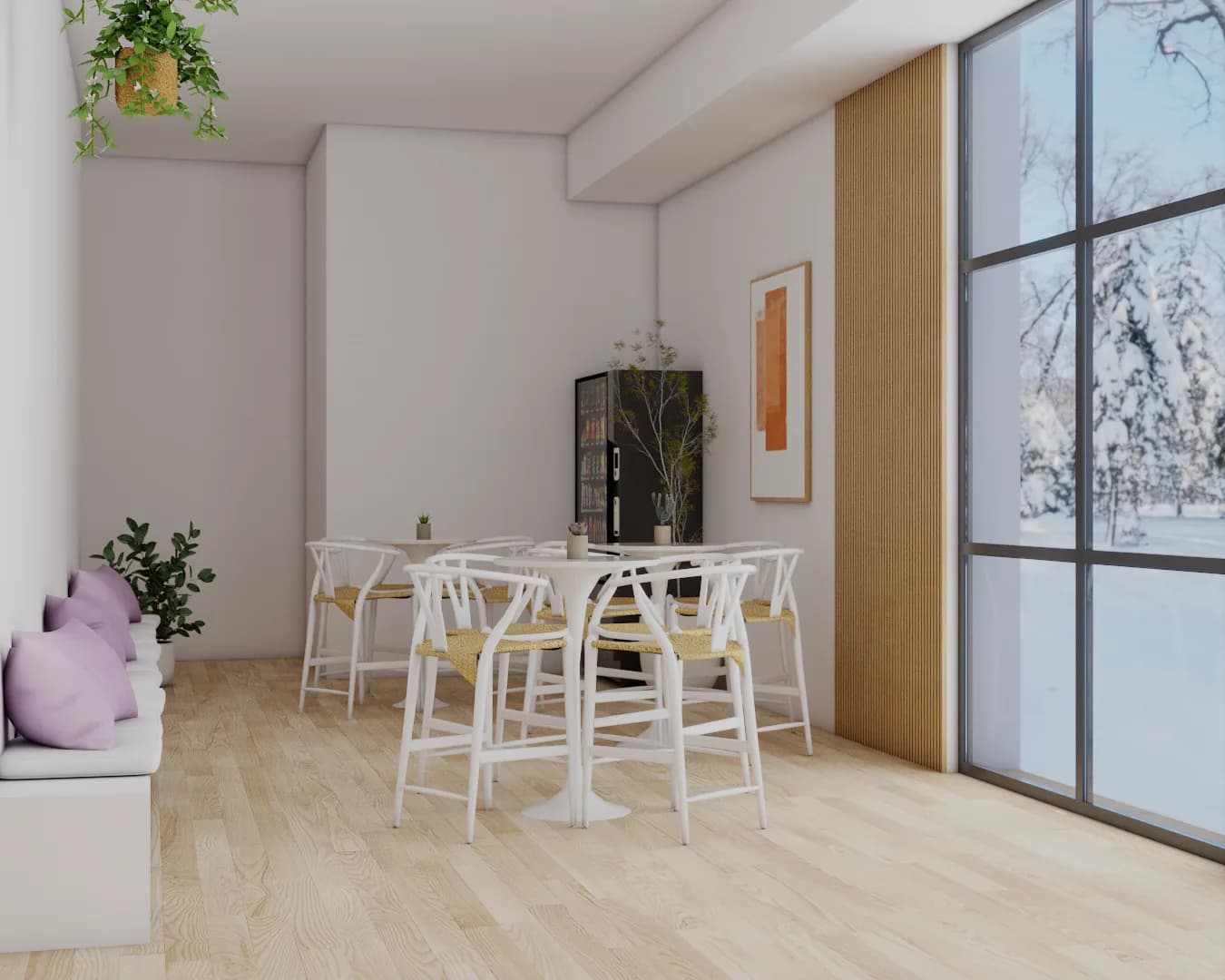 Wishbone dining chairs around round table, oak panel wall, and steel-frame window view