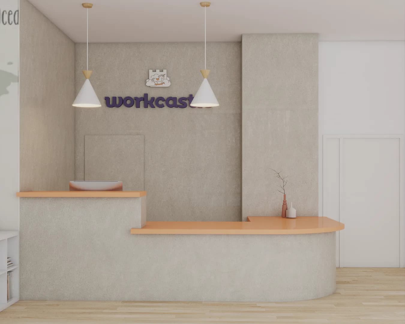 Concrete reception desk with oak countertop, cone pendant lights, and facility branding