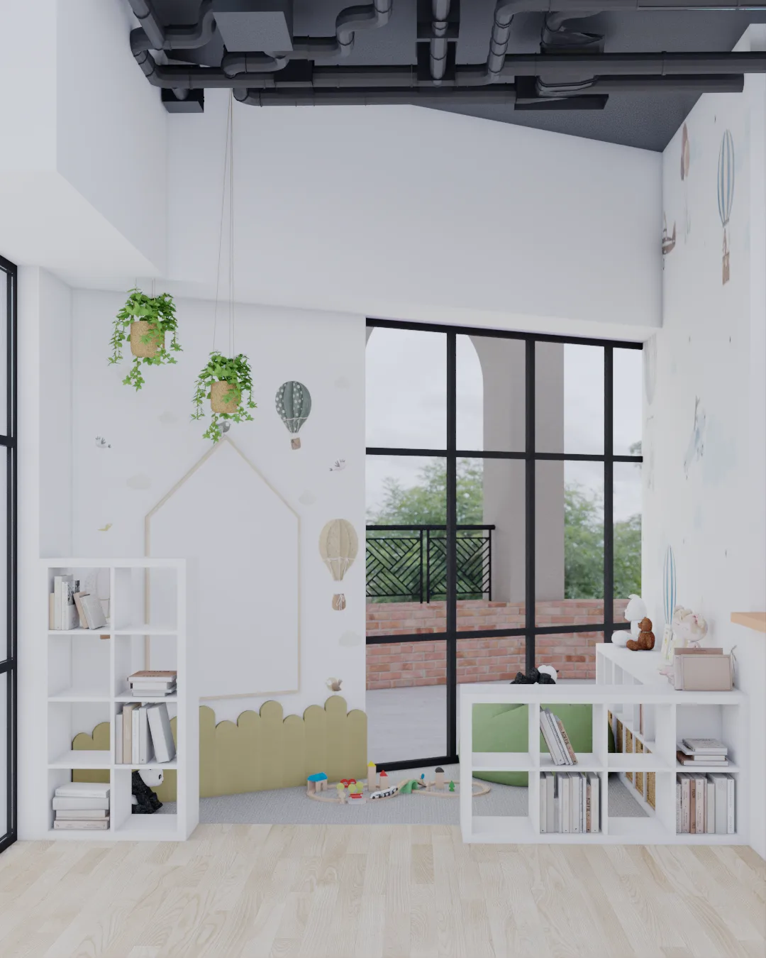 Double-height play space with exposed ductwork, glass partition, bookshelves, and wainscoting