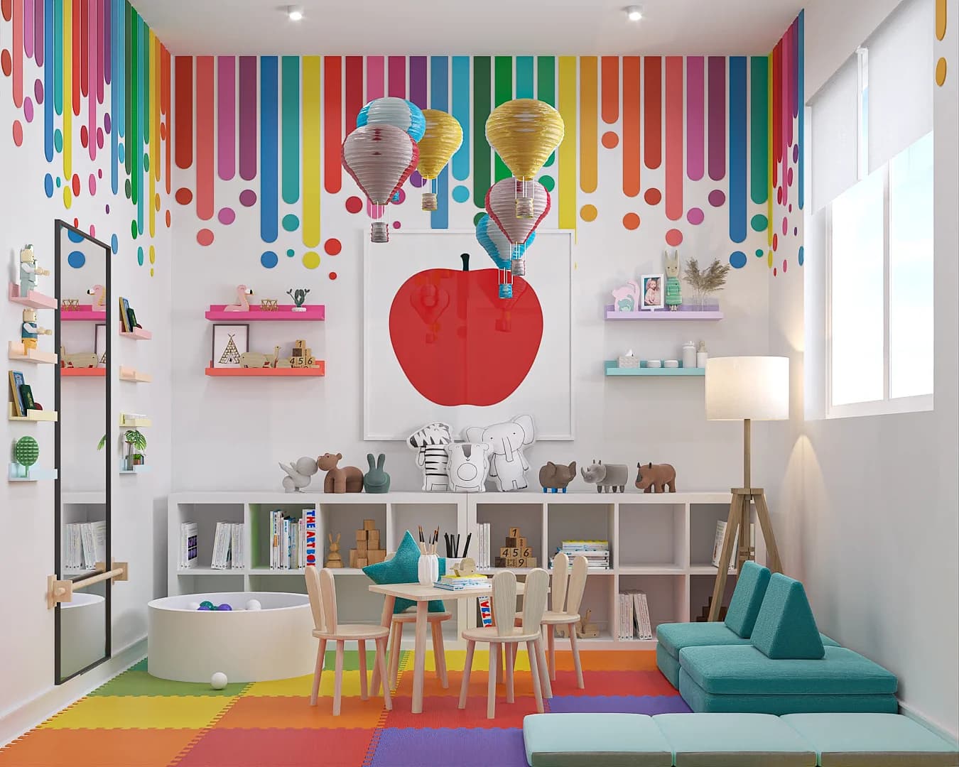 Kids playroom with rainbow drip mural, red apple canvas, hot-air balloon lanterns, teal sofa, and ball pit