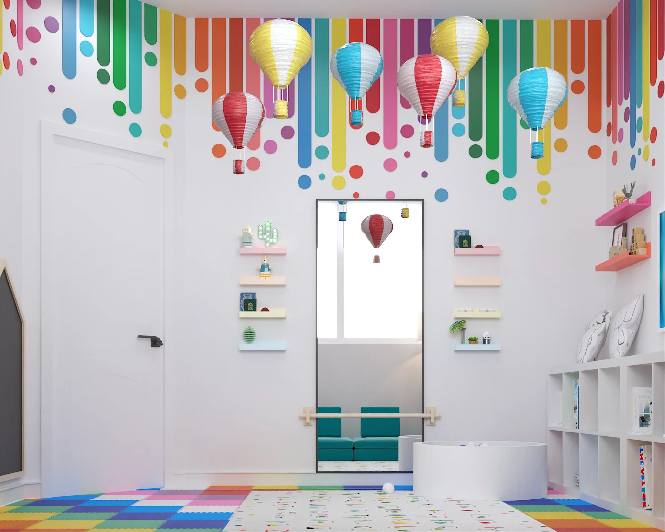 Playroom balloon wall with full-height rainbow drip mural, five hot-air balloon lanterns, full-length mirror, and kids table set