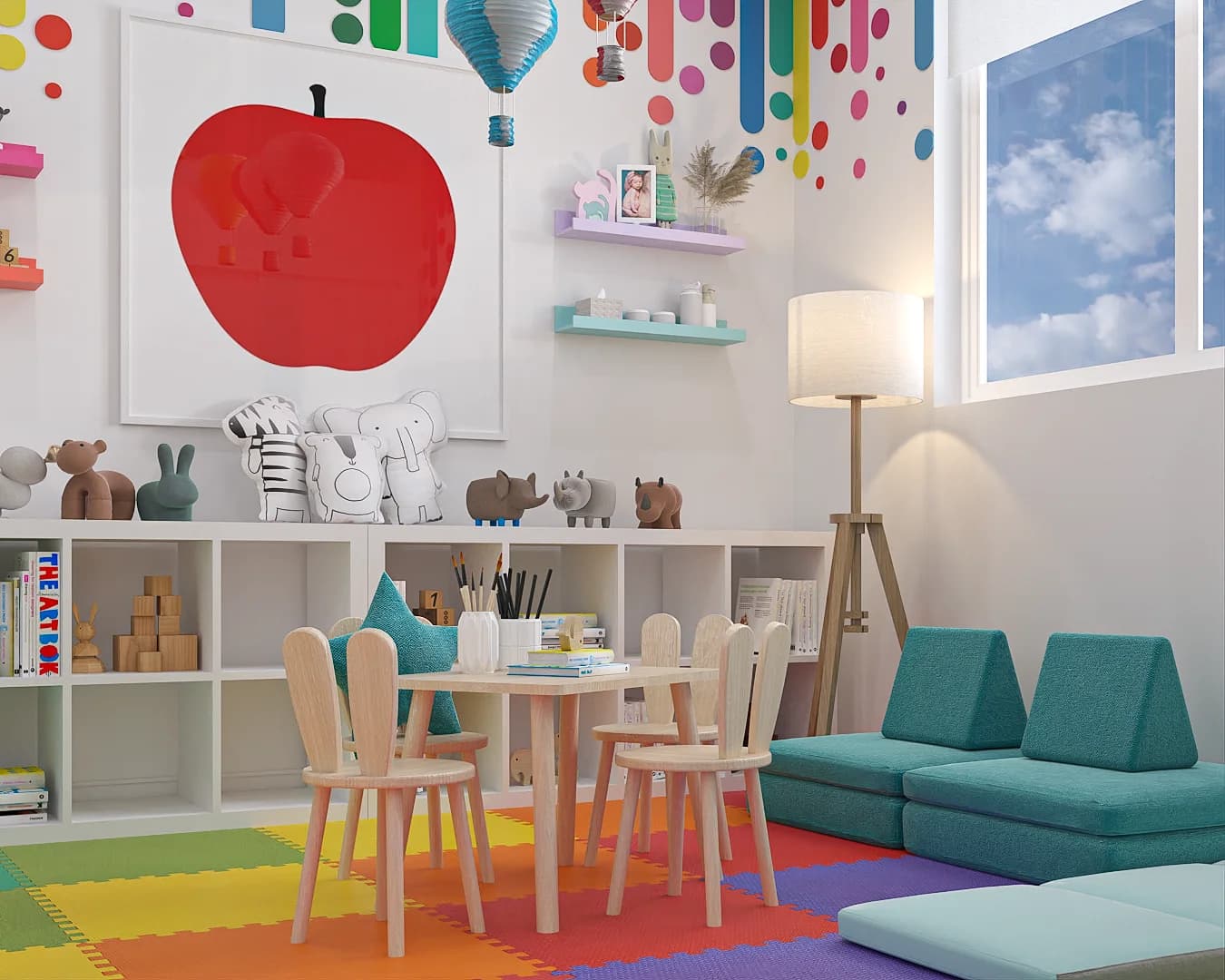 Close-up of birch bunny-ear chairs and round table with animal figurines, pencil holders, and red apple wall art