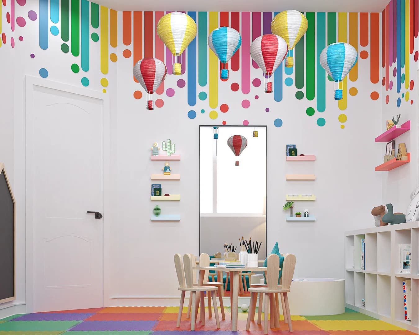Kids round craft table with bunny-ear chairs beneath hot-air balloon lanterns and rainbow drip mural