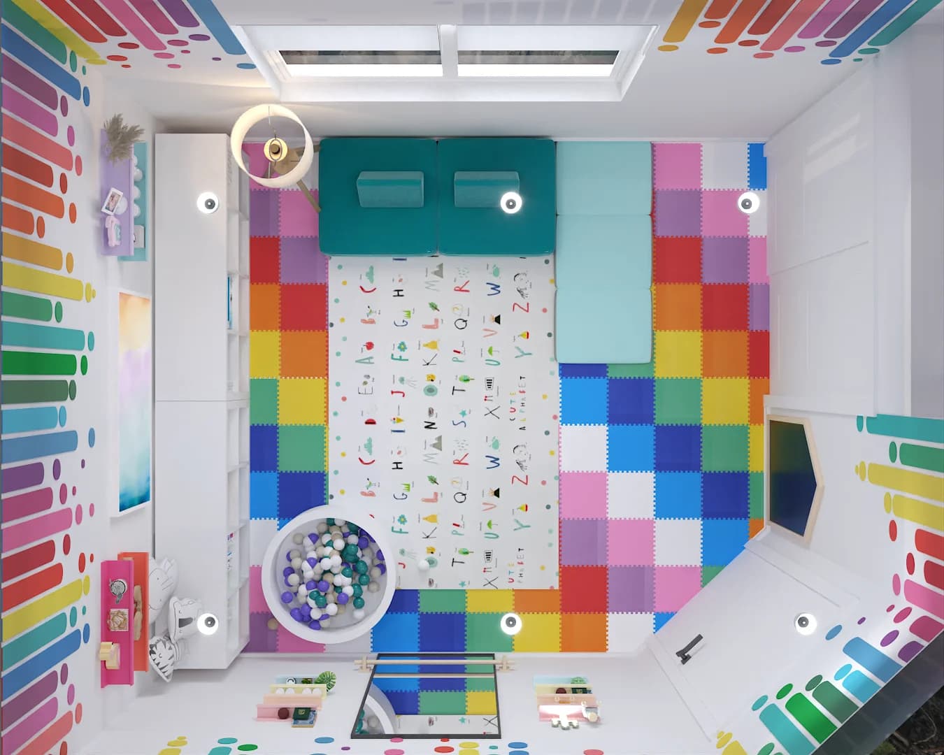 Birds-eye floor plan of kids playroom showing teal sofa zone, ball pit, alphabet rug, and rainbow foam tiles