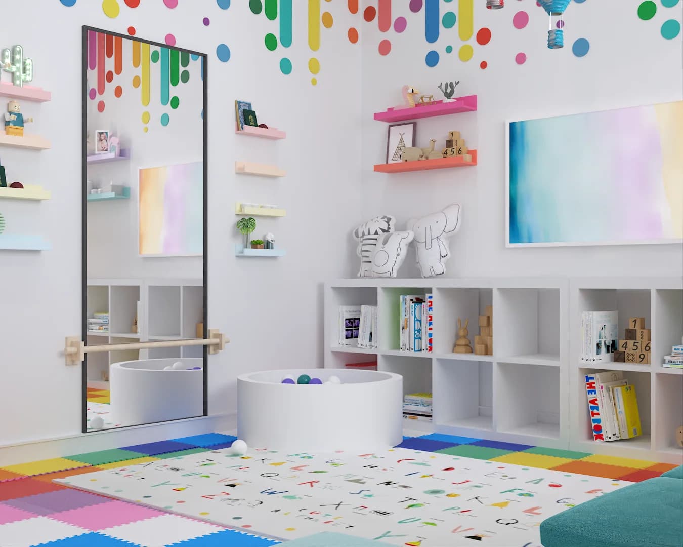Playroom shelving wall with cube storage, ball pit, full-length mirror with ballet barre, and ABC alphabet rug