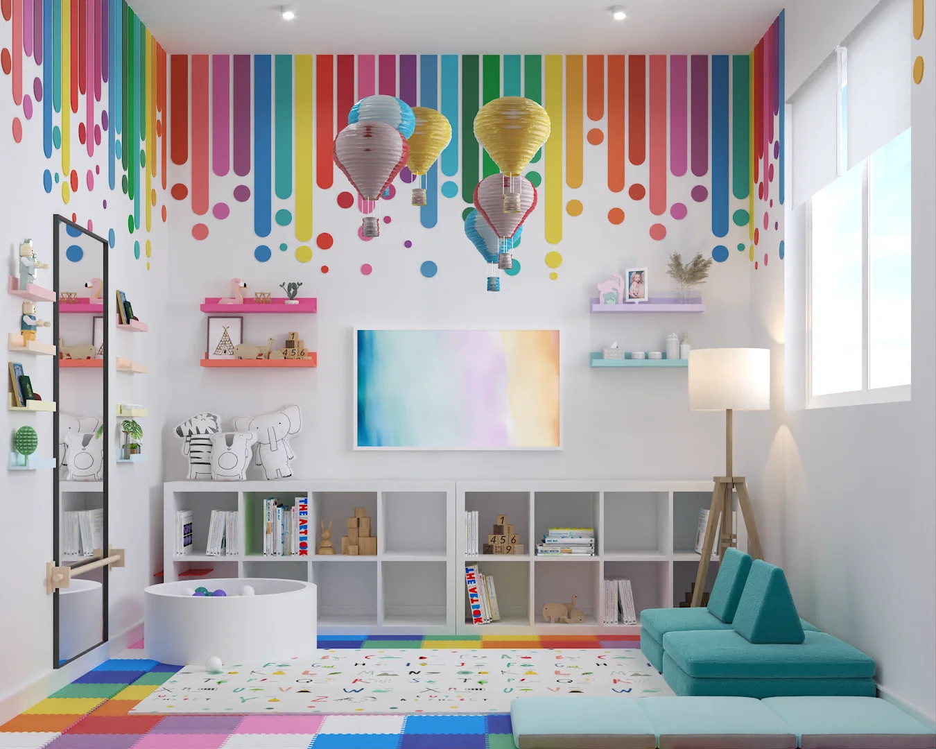 Playroom storage and sofa corner with white cube shelving, teal modular sofa, tripod lamp, and rainbow mural