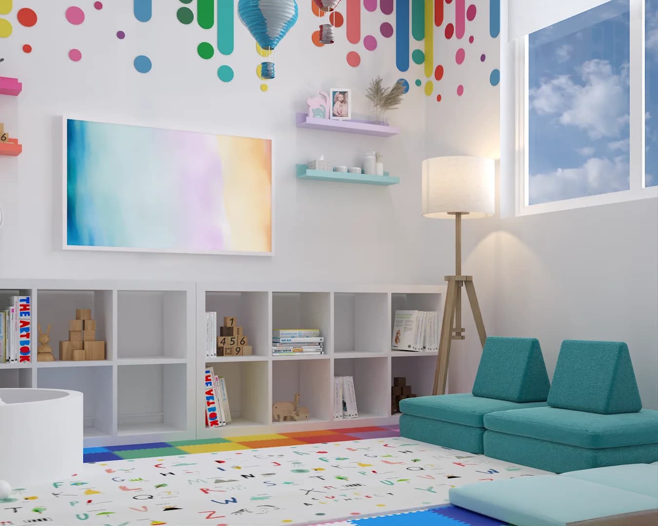 Playroom reading corner with wall TV panel, teal modular sofa, tripod lamp, floating shelves, and cloud window view