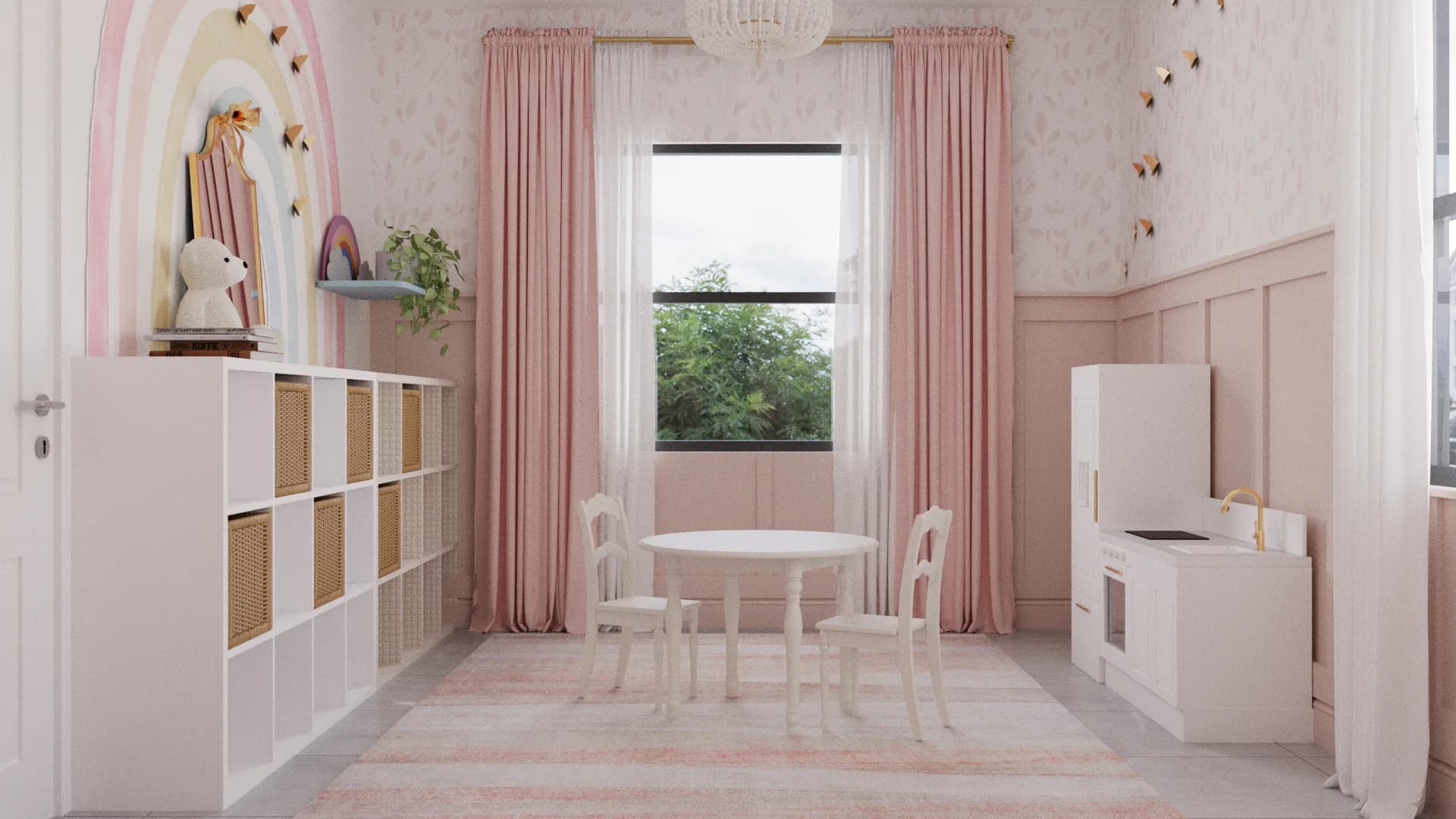 Full playroom view with pink curtains, rainbow mural, cube shelf, and crystal chandelier