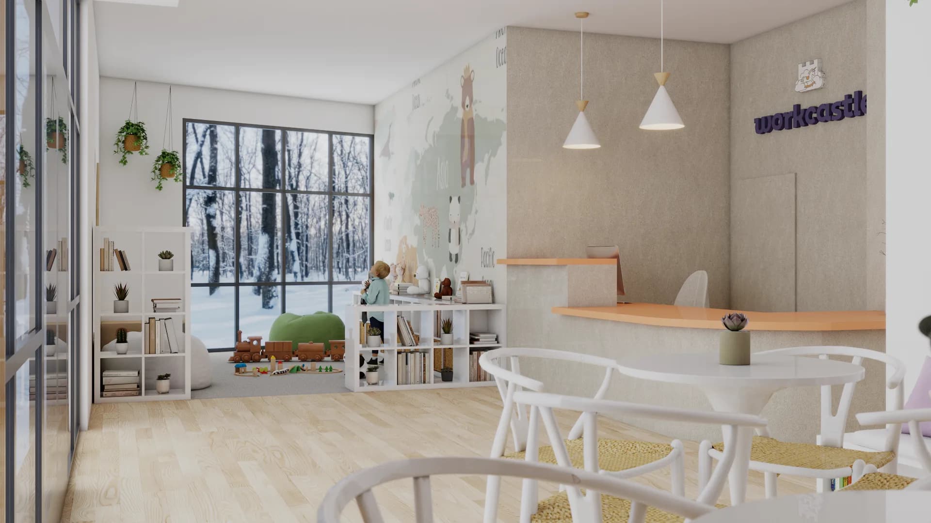 Scandinavian childcare reception with white bookshelves, olive wainscoting, concrete desk, and wishbone chairs