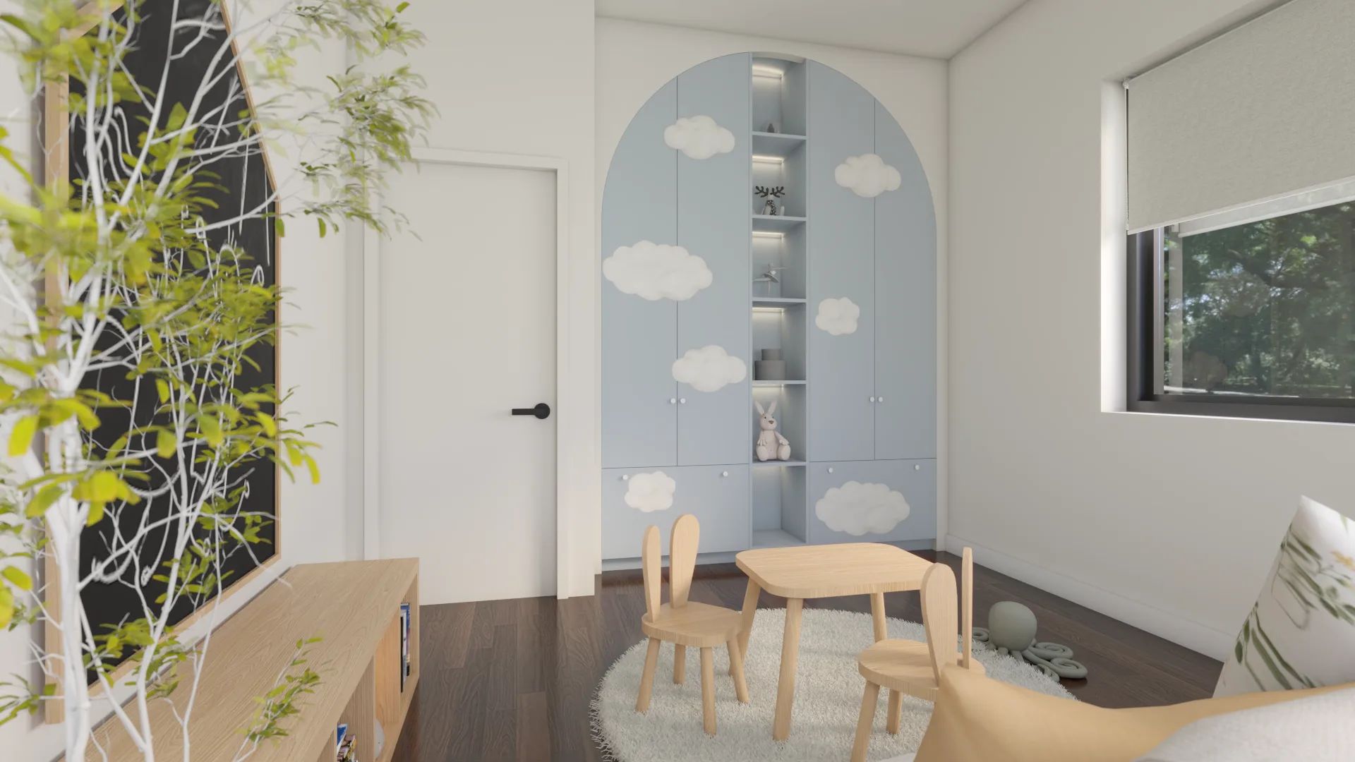 Arched sky-blue cloud cabinet with open shelving, bunny-ear oak chairs at round table, and beige flo