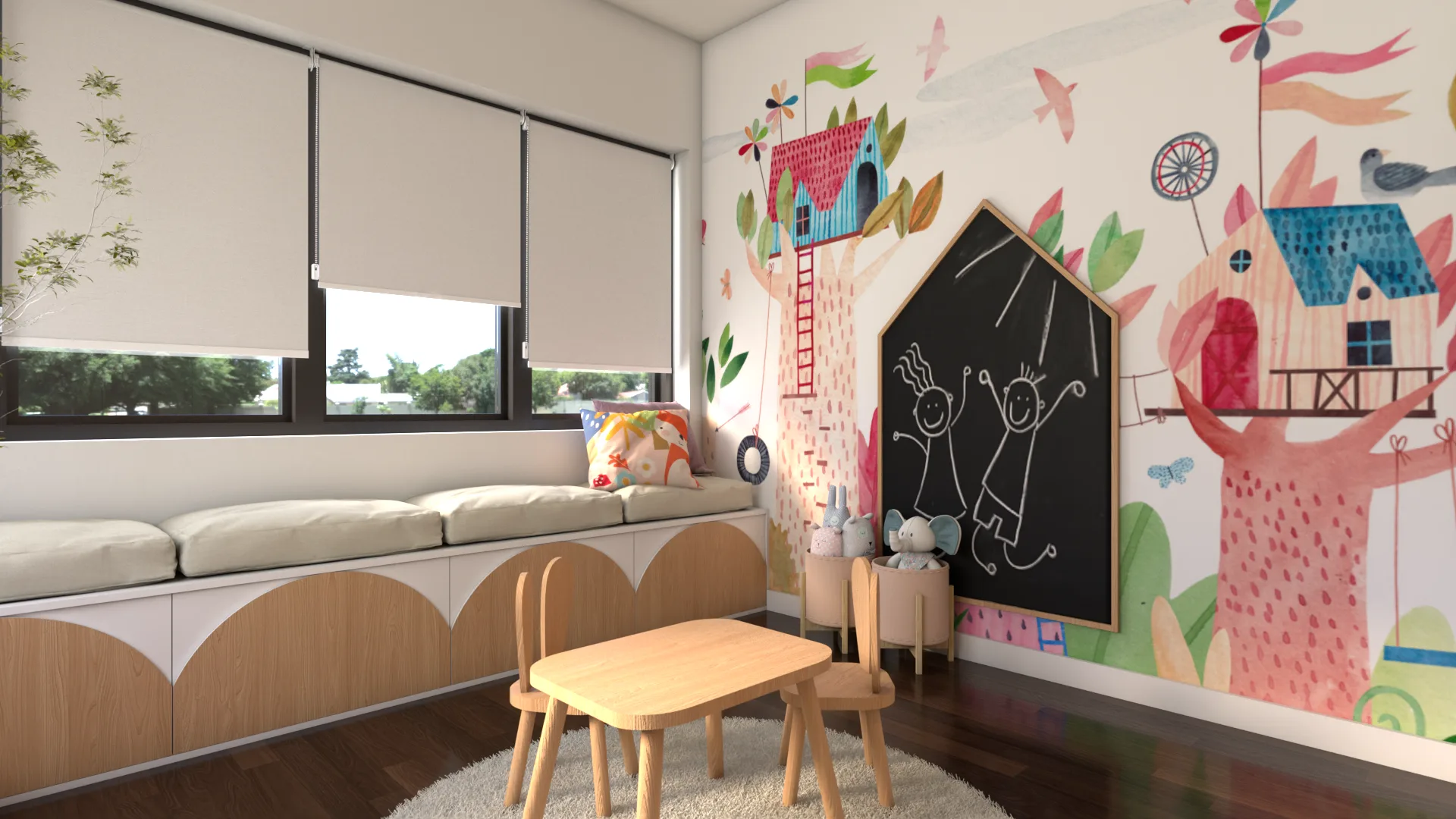 Kids playroom with watercolor treehouse mural wall, bunny-ear oak chairs at round table, scallop-front storage bench under triple windows, house-shaped chalkboard, and round cream rug on dark wood floor