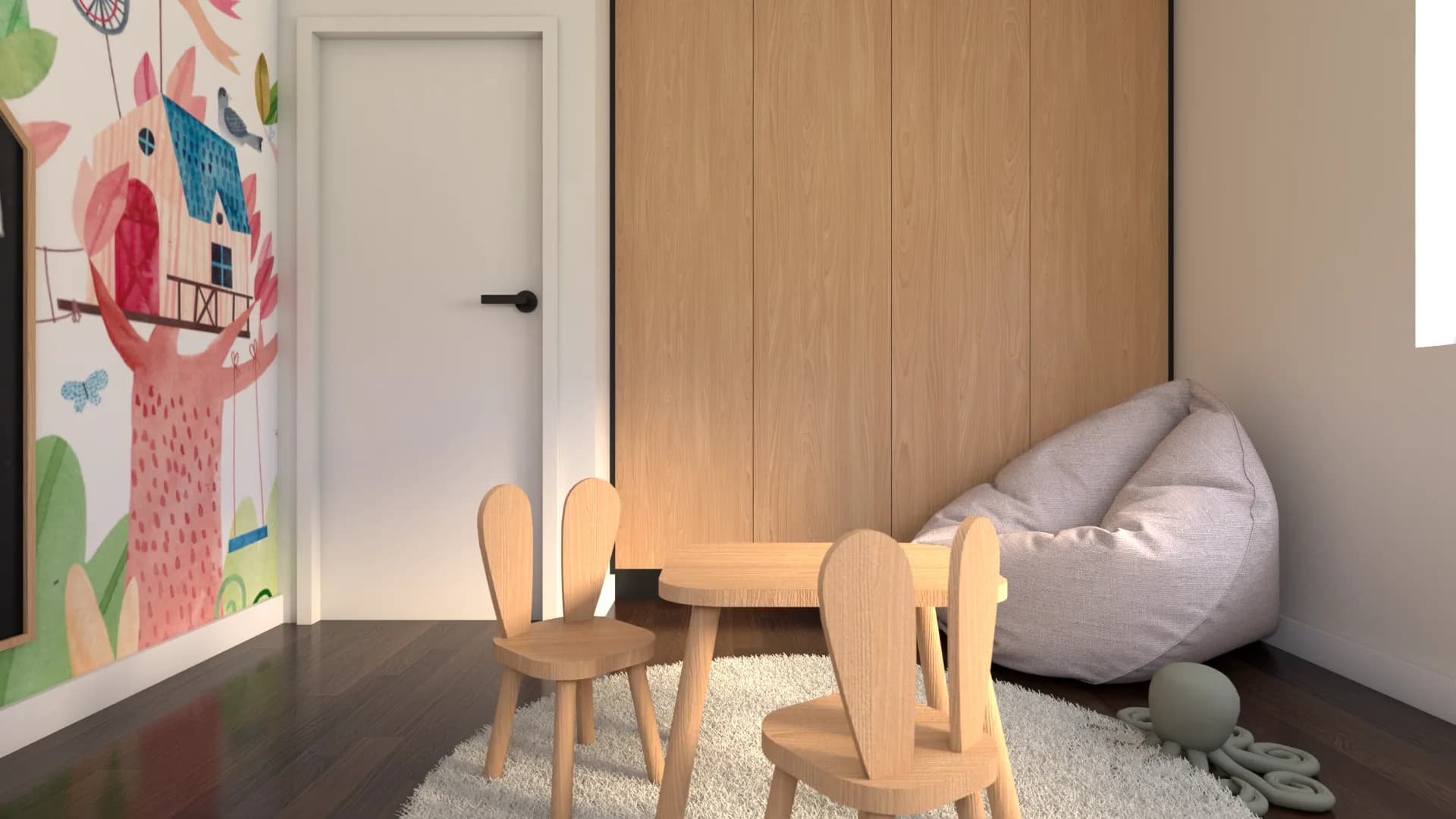 Bunny-ear oak chairs at round play table, oak wardrobe wall panels, beige beanbag corner, and treeho