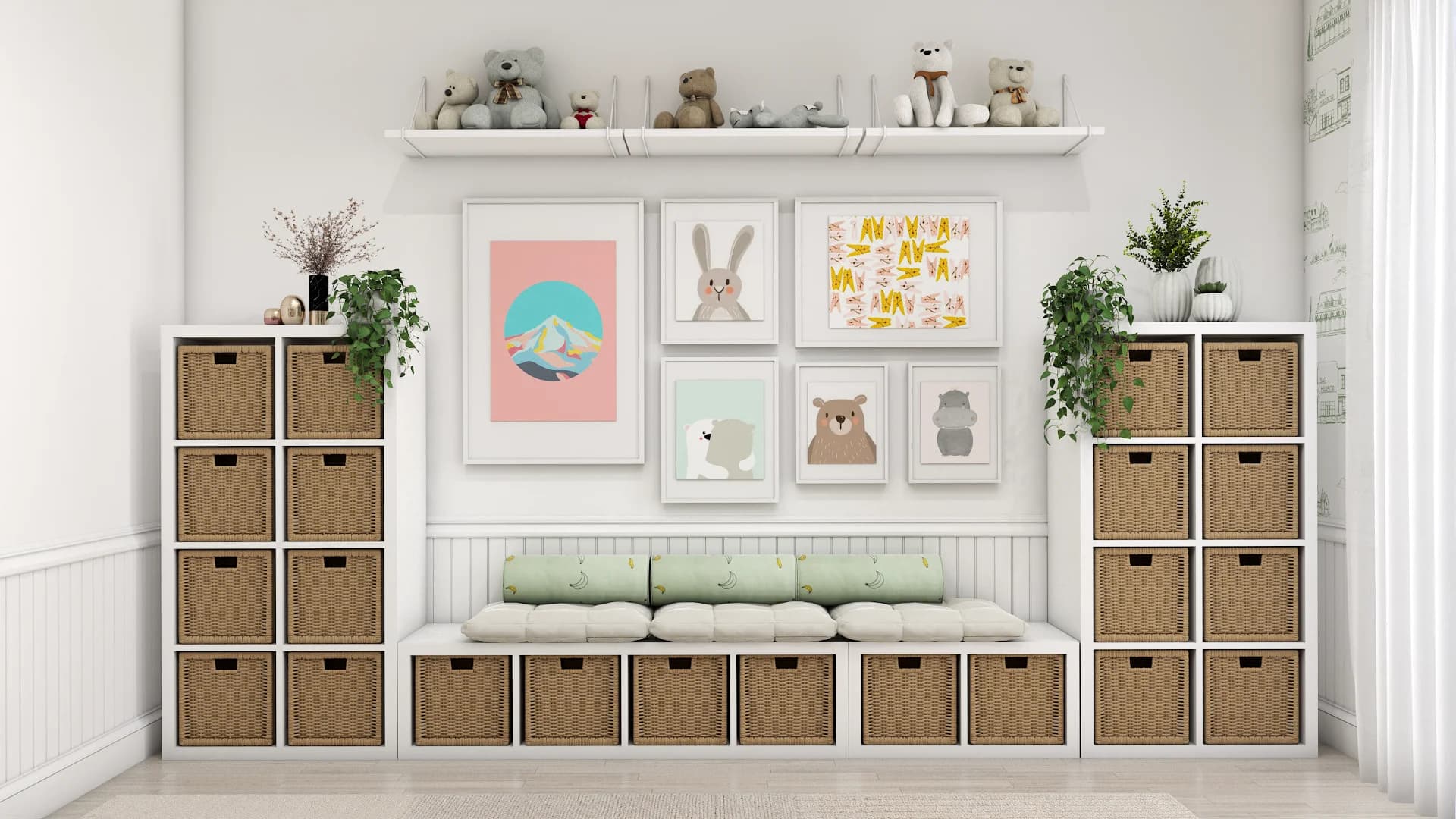 Coastal farmhouse playroom with white cube shelves, wicker baskets, sage bench, and animal print gallery wall