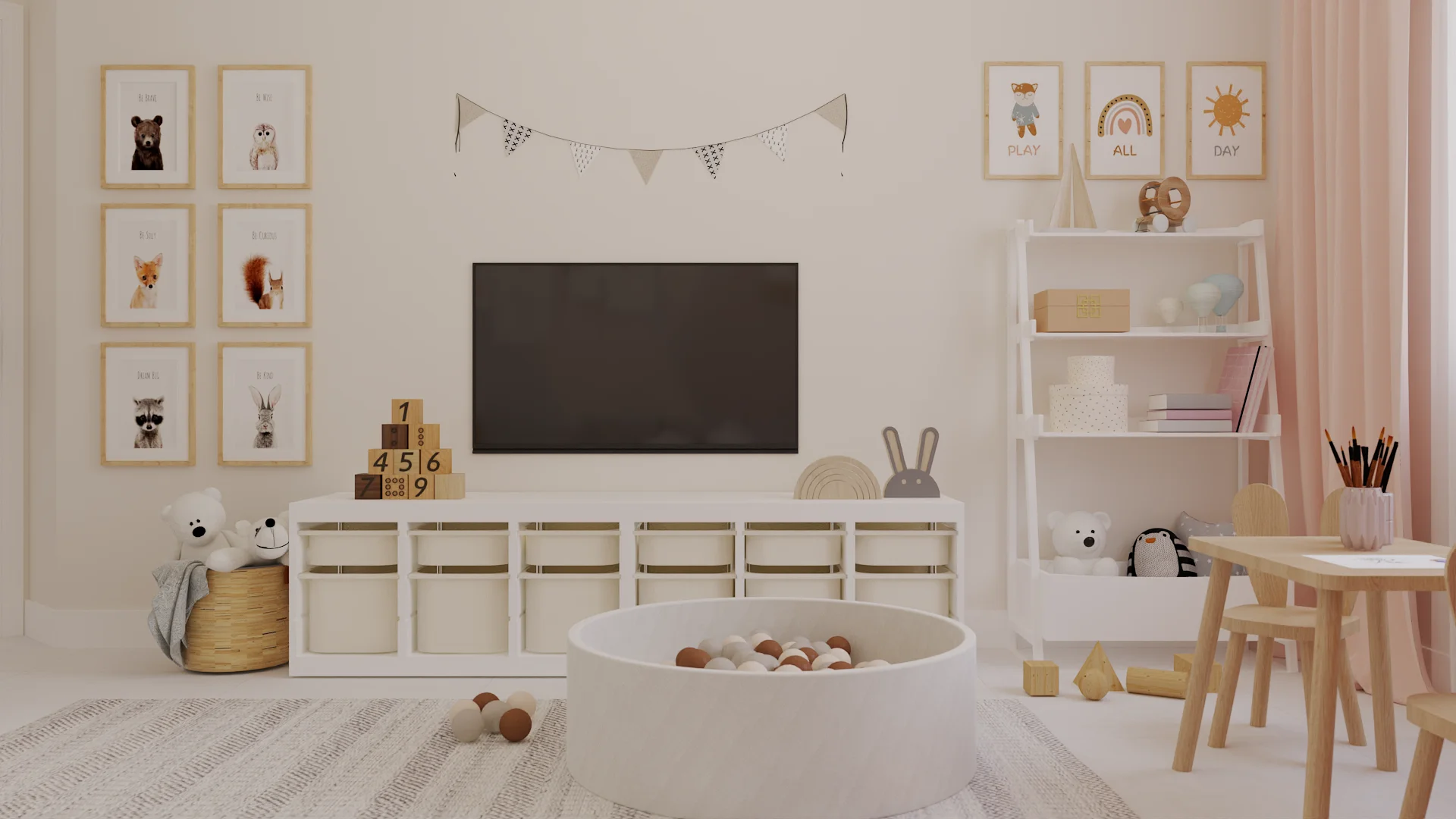 Cream toddler playroom with woodland animal gallery wall, foam ball pit, and white pull-out storage unit