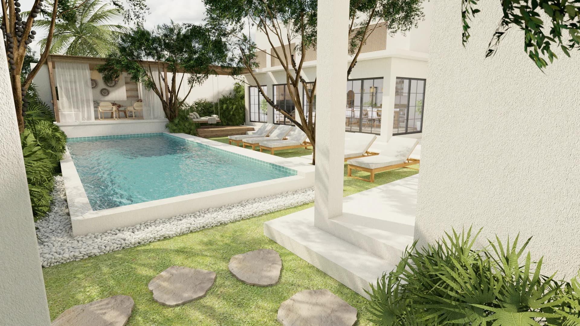 Garden path view with stepping stones leading past pool, cabana, teak loungers, and white stucco villa