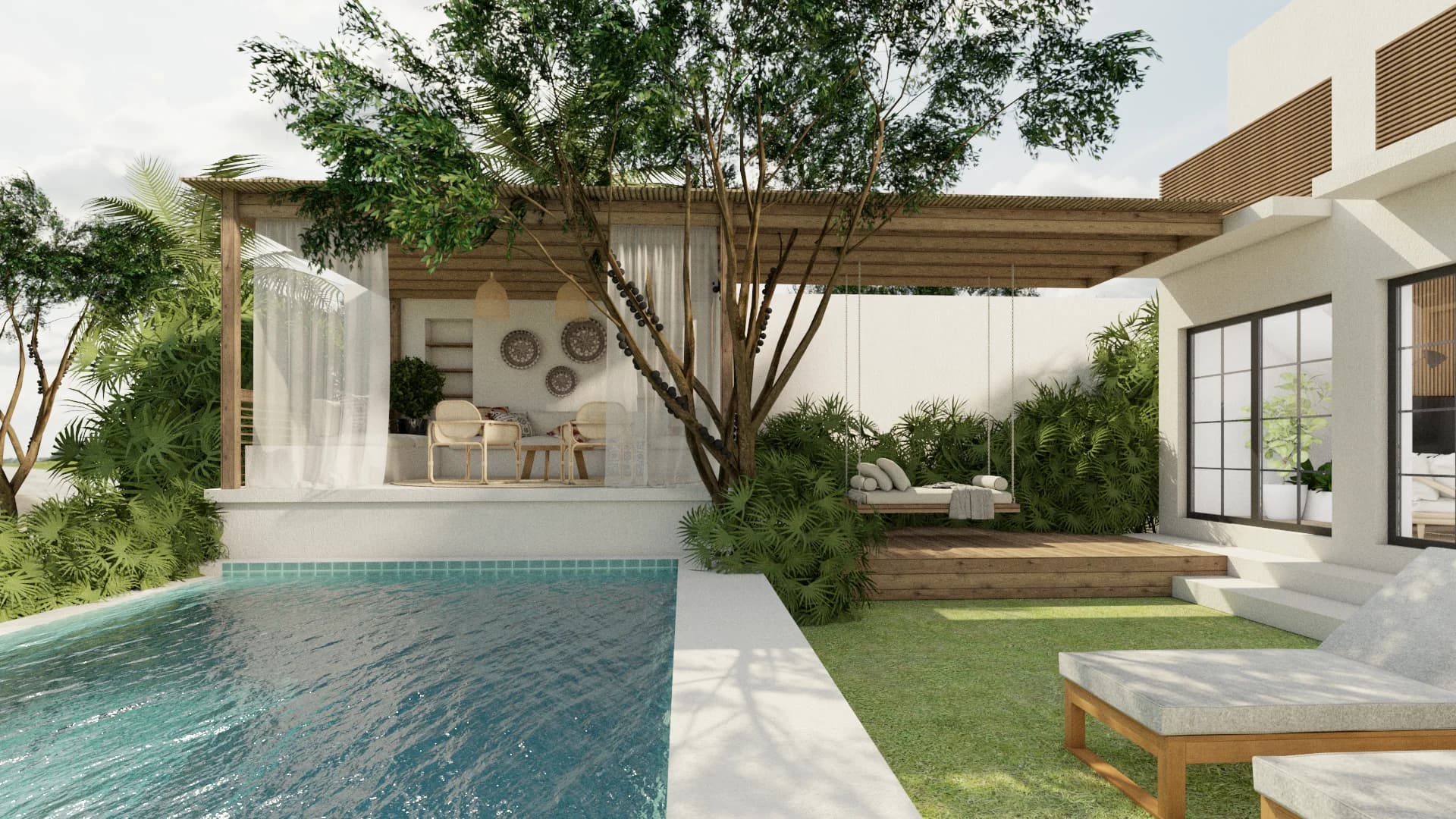 Resort-style pool area with timber pergola cabana, sheer curtains, infinity-edge turquoise pool, teak loungers on manicured lawn, and tropical greenery