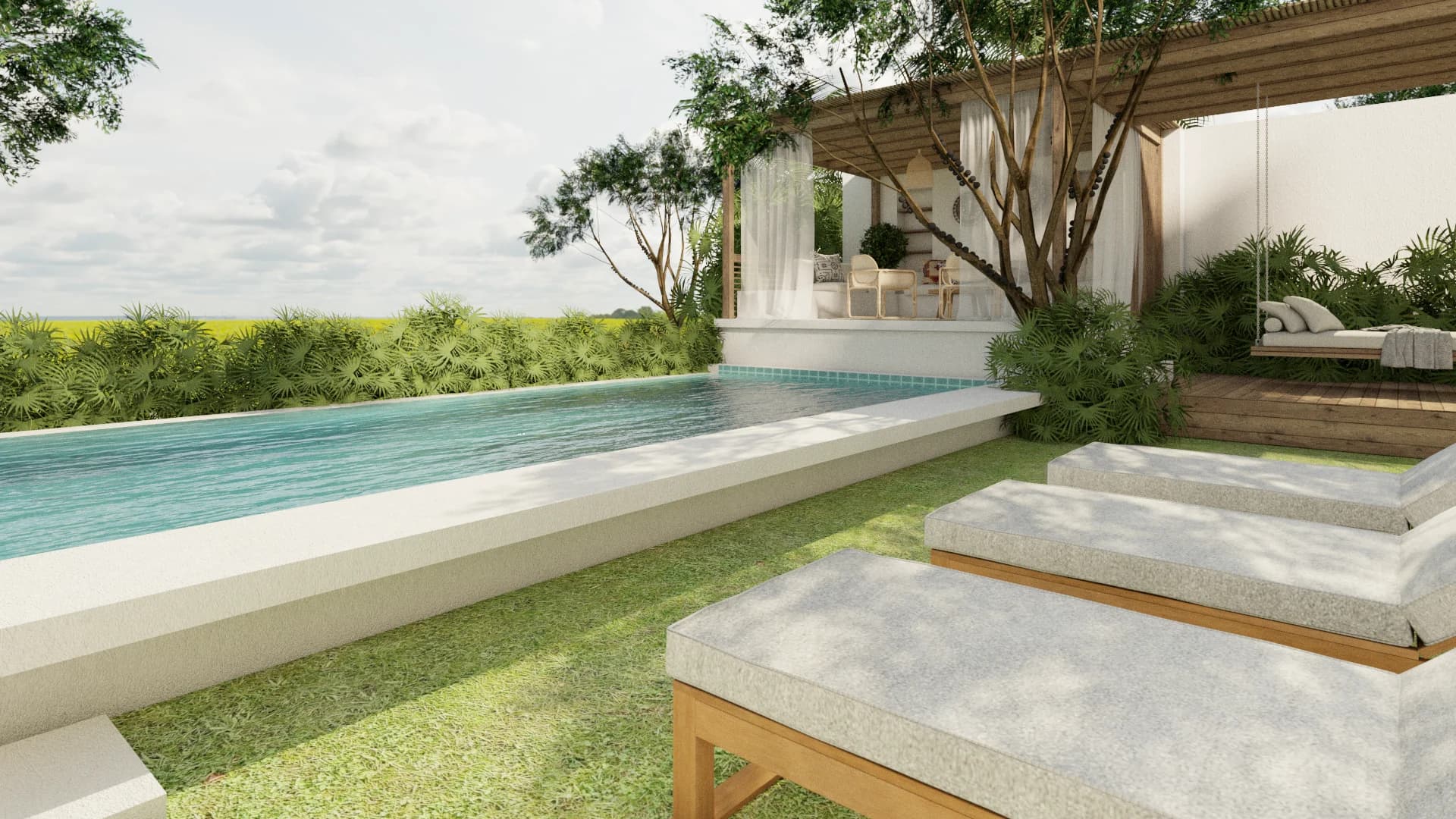 Infinity-edge pool with landscape view, teak loungers on lawn, and timber cabana with sheer curtains