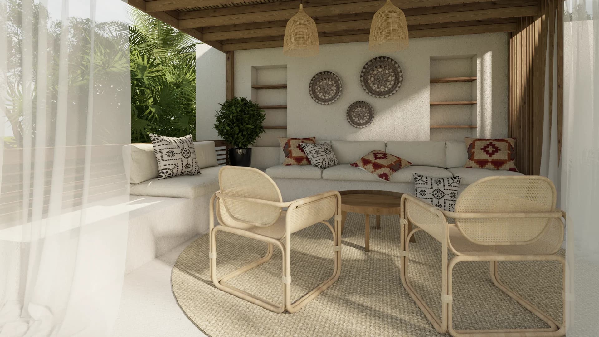 Cabana interior with L-shaped built-in sofa, tribal cushions, rattan chairs, woven pendants, and decorative wall plates