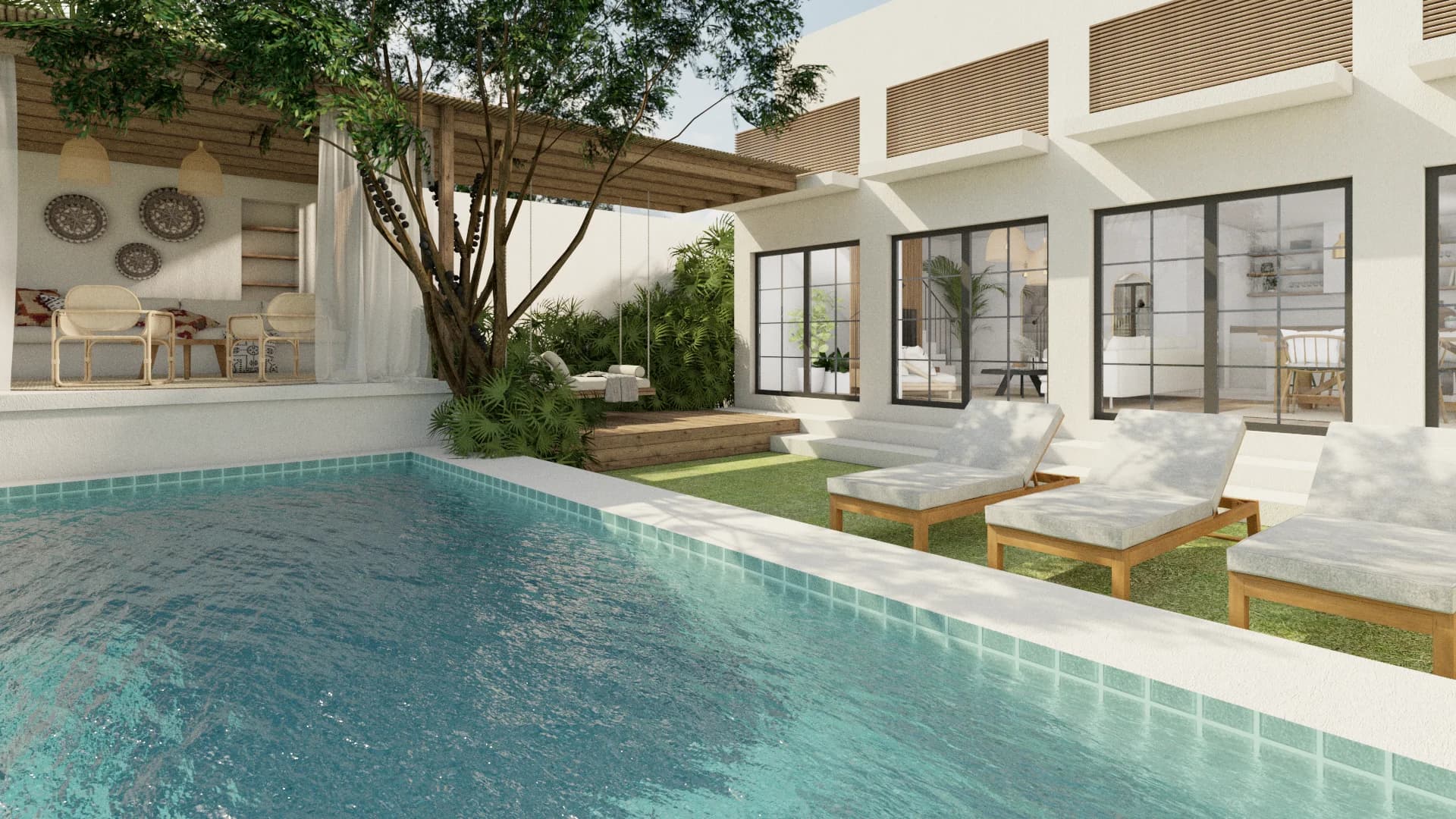 Full view of turquoise infinity-edge pool with teak loungers, white stucco villa, and timber pergola cabana