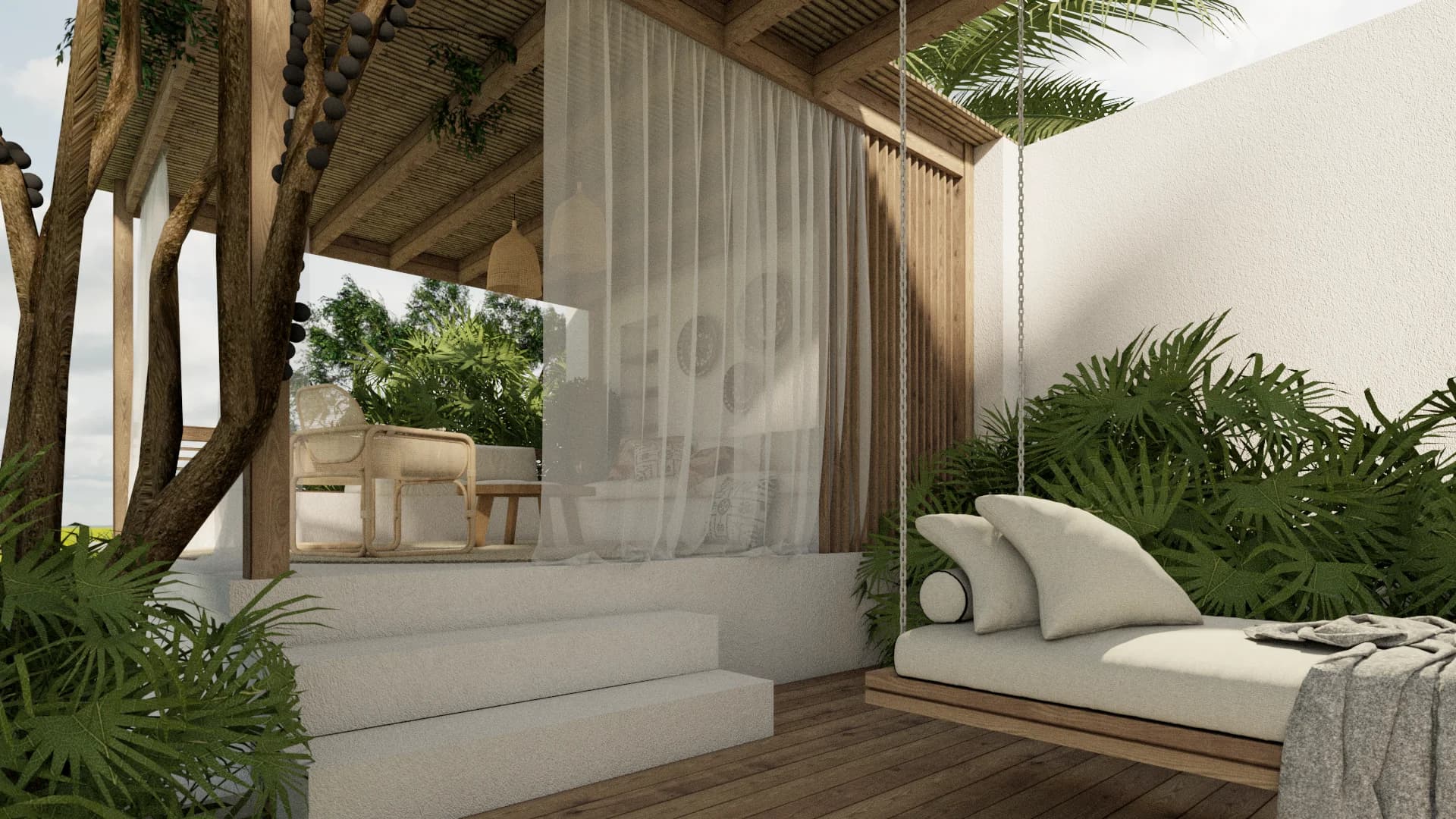 Hanging swing daybed under timber pergola with sheer curtains, tropical palms, and pool steps
