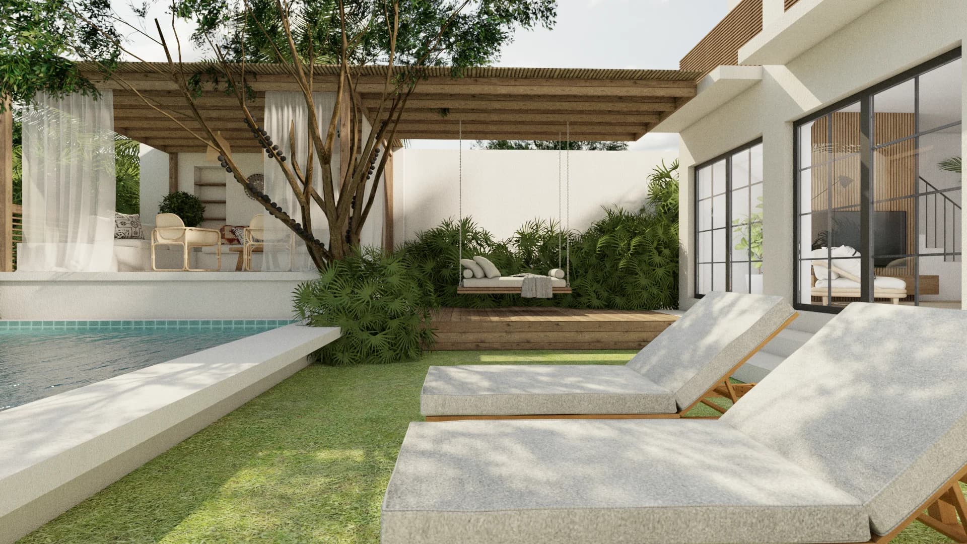 Wide view of villa backyard with timber pergola, swing daybed, pool edge, teak loungers, and black-framed windows