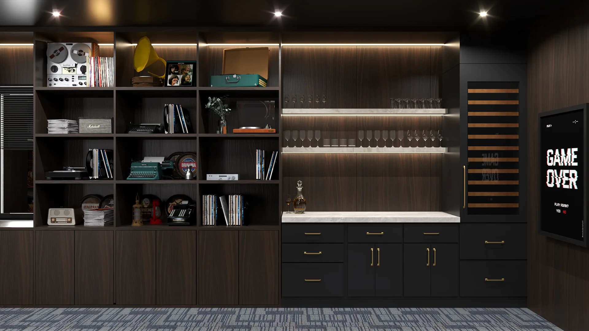Dark wood bar cabinet with glassware shelving and brass hardware on lower drawers