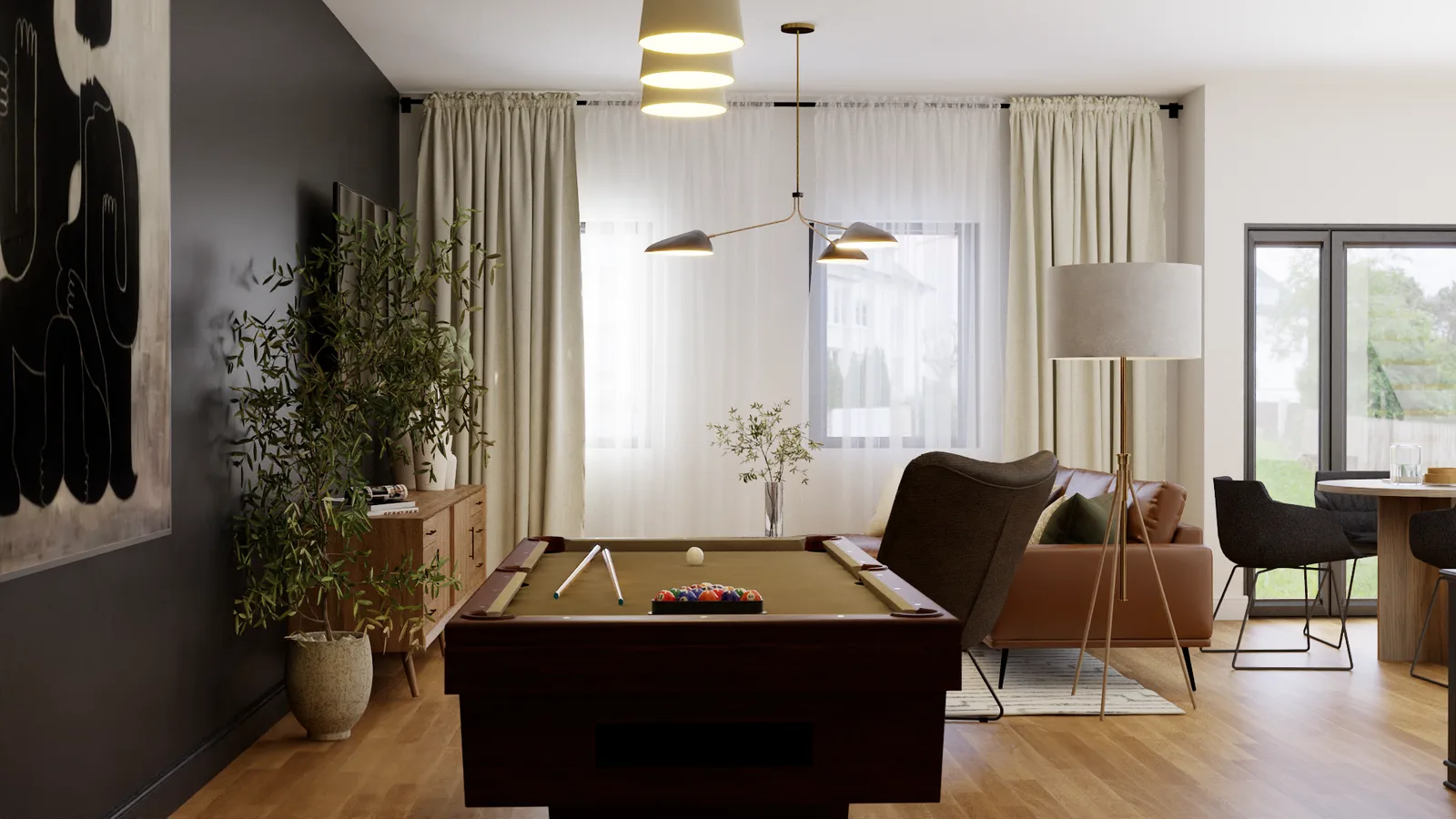 Billiard table side angle with sheer curtains, olive tree, and abstract art on charcoal wall