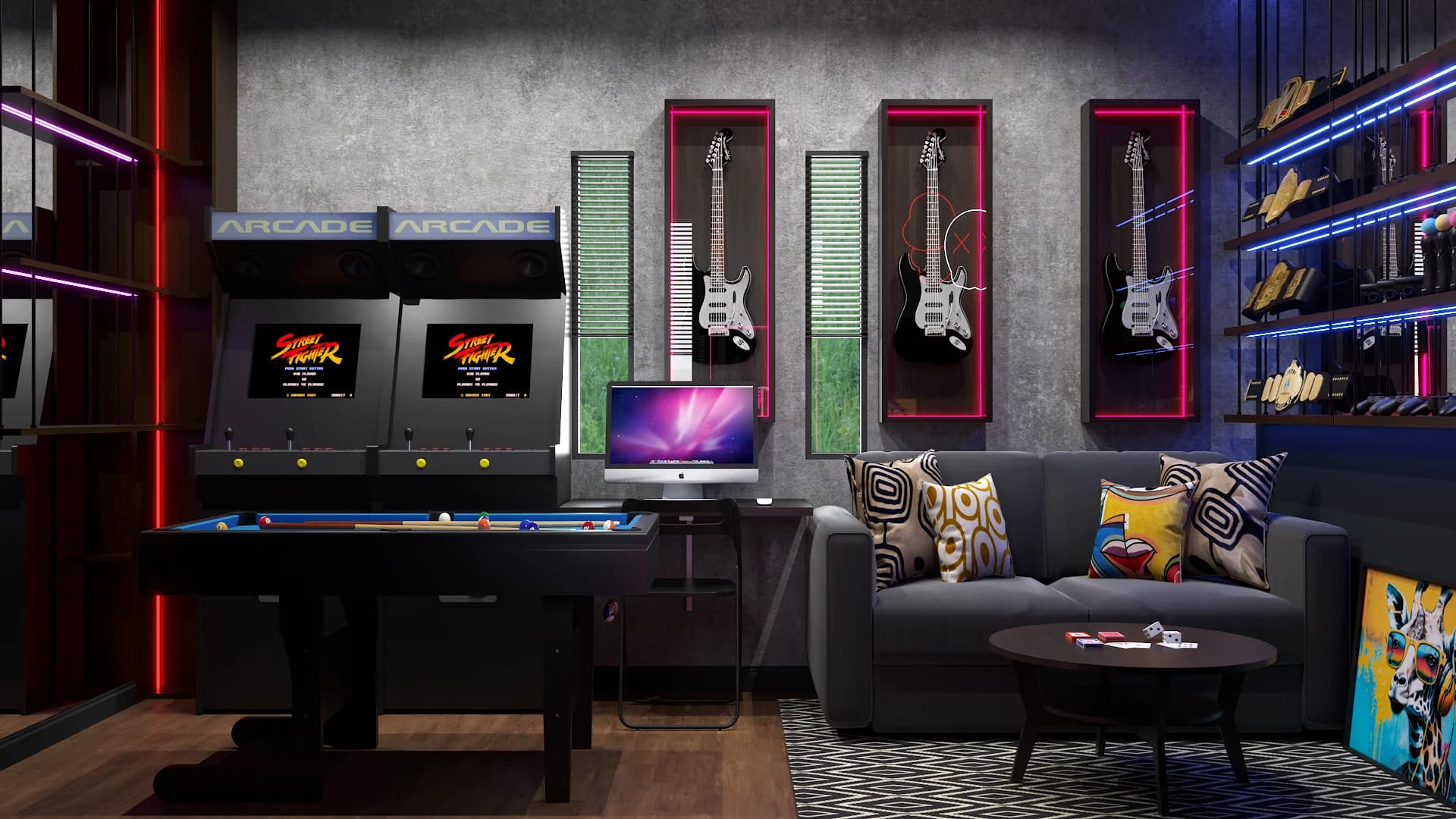 Wide billiards nook with arcade cabinets, sofa, and framed electric guitar collection
